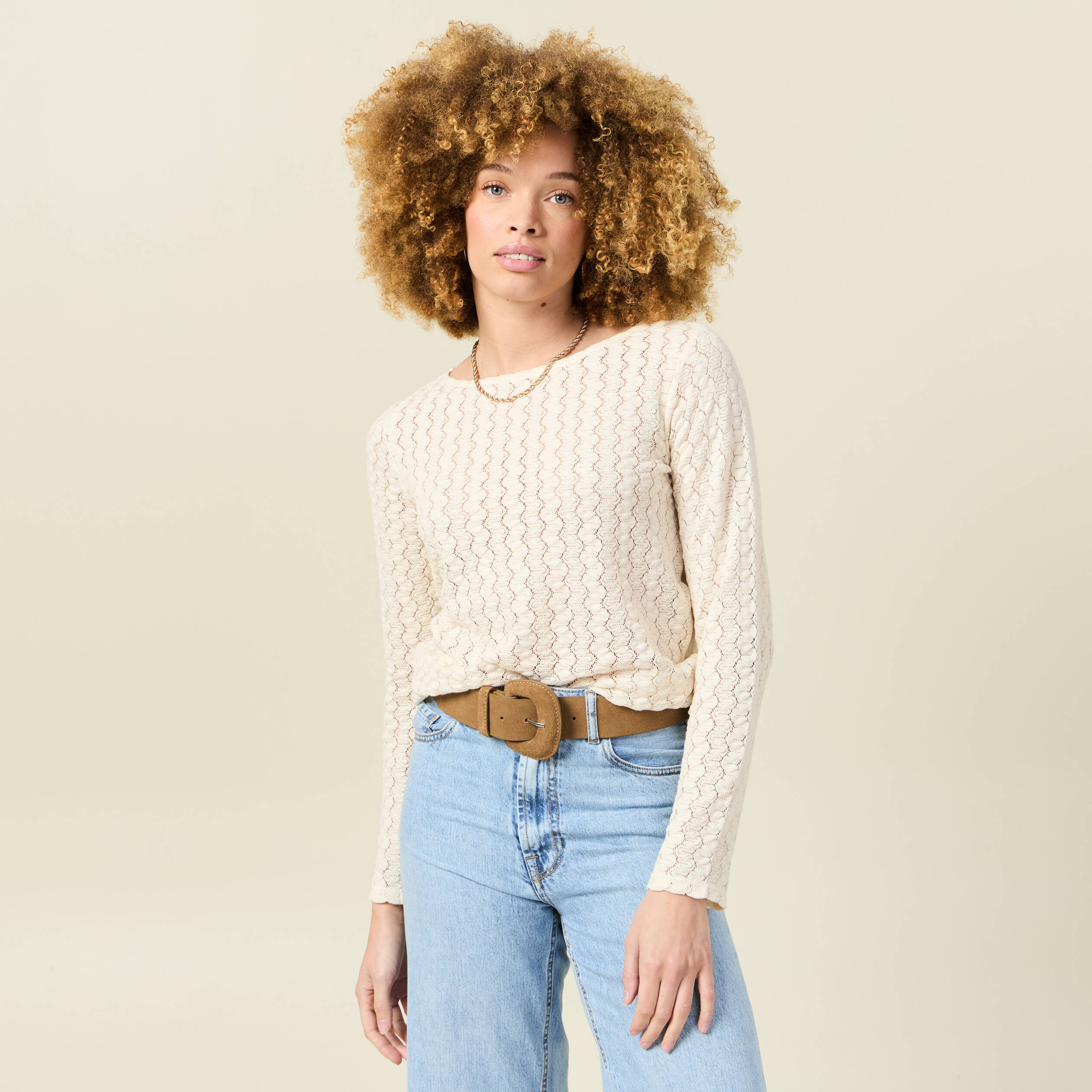 t shirt manches longues ajoure ecru femme T-shirt manches longues ajouré ecru femme