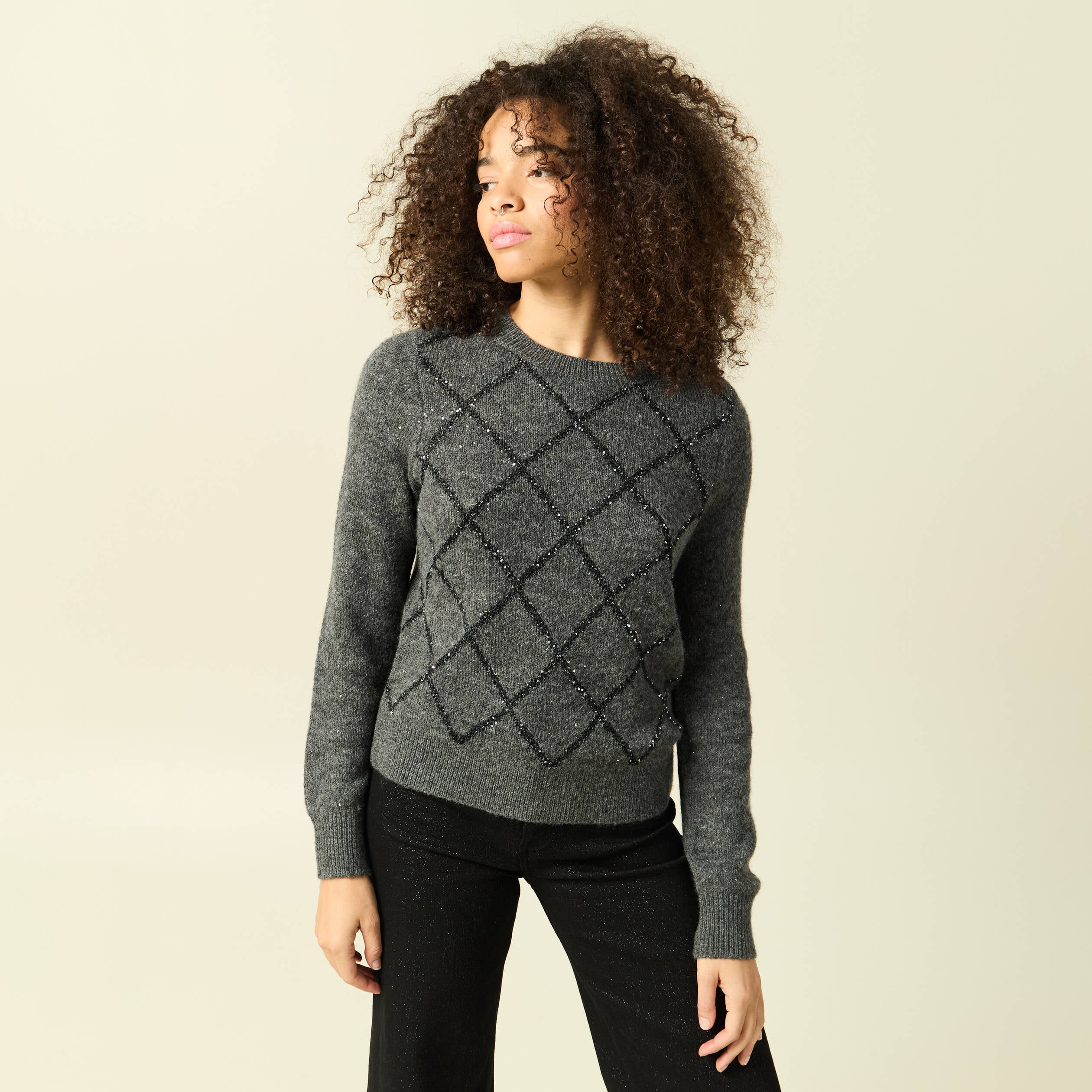 Pull manches longues &agrave; sequins gris fonc&eacute; femme
