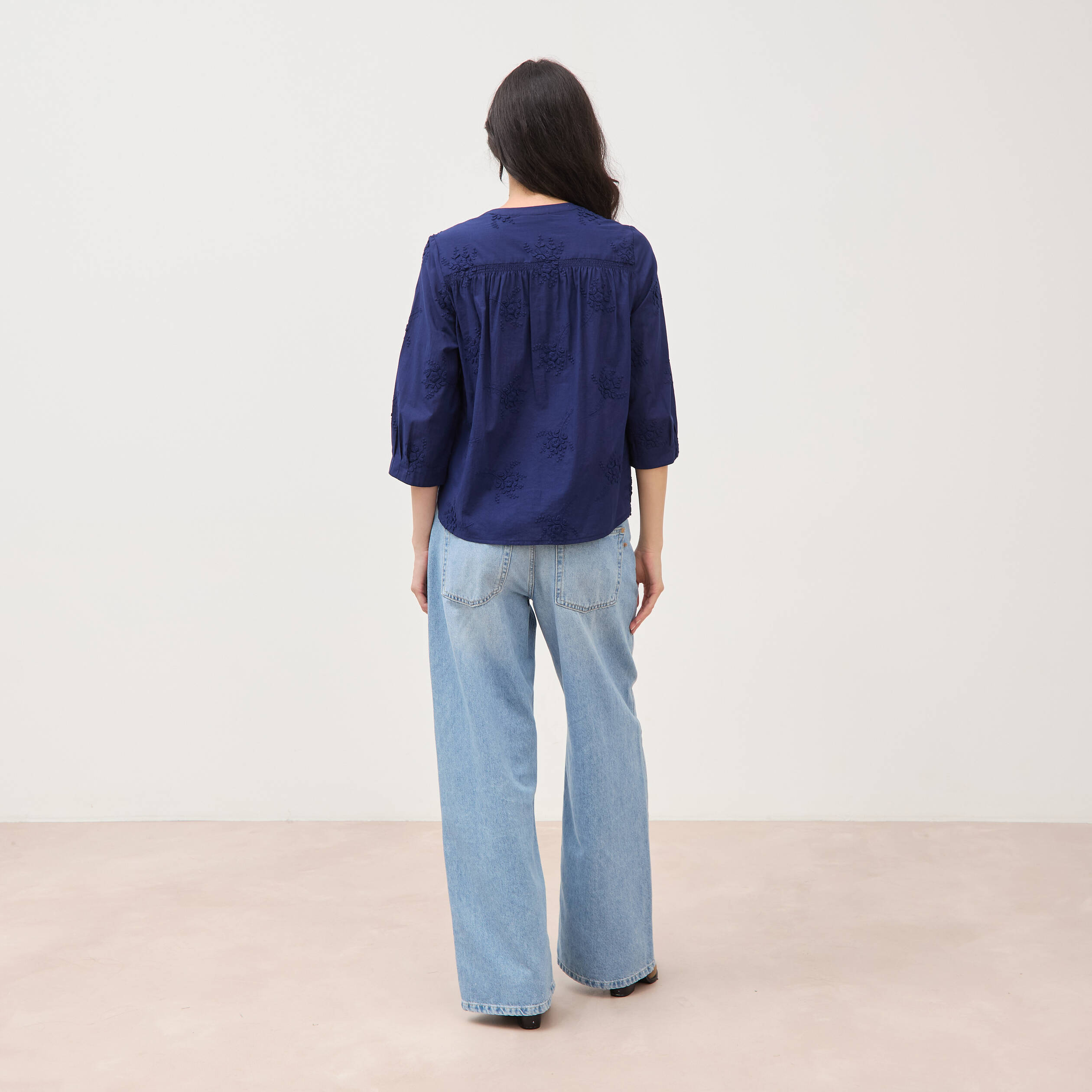 Chemise en coton manches 3/4 bleu marine femme