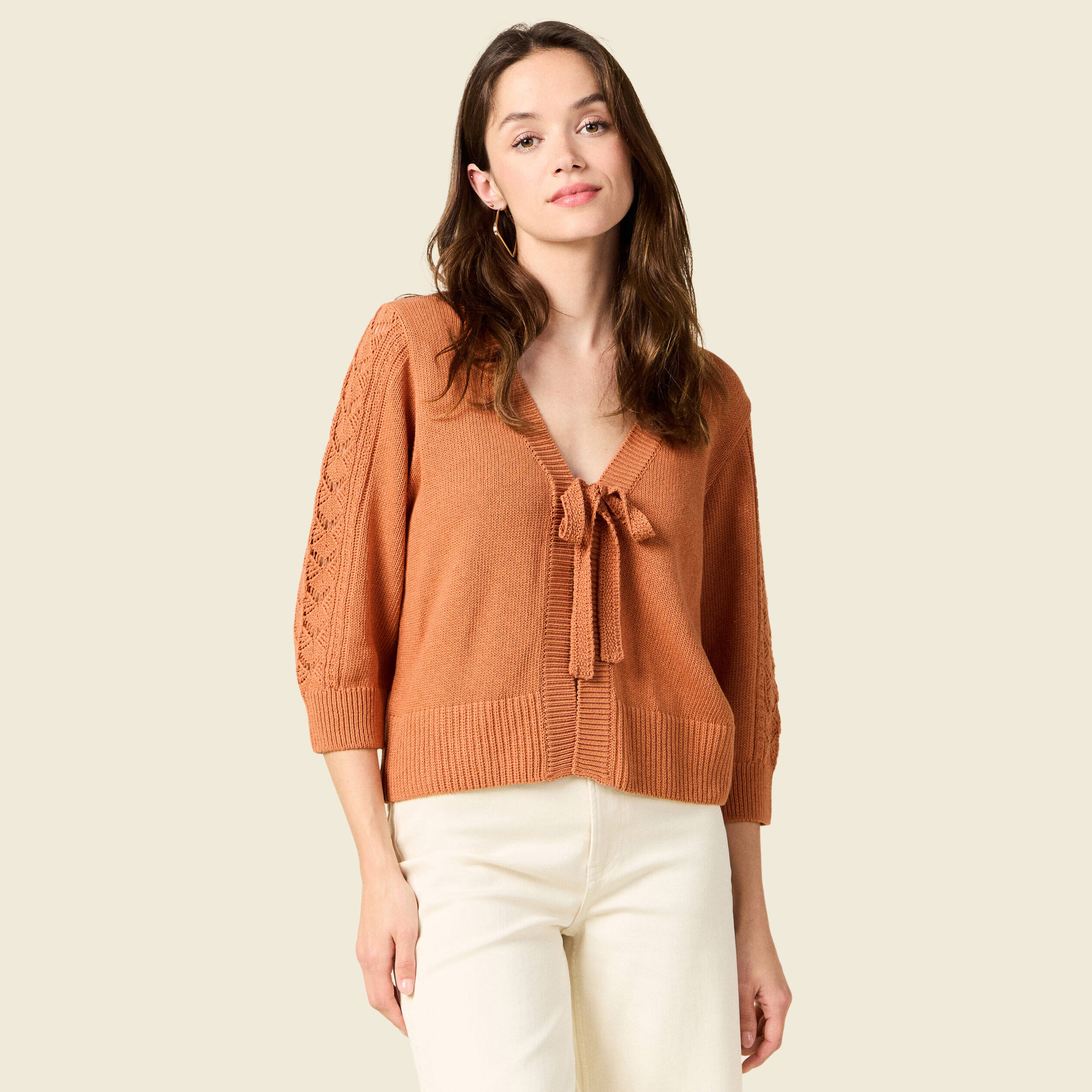 Kimono ajour&eacute; col v manches 3/4 rouge fonc&eacute; femme