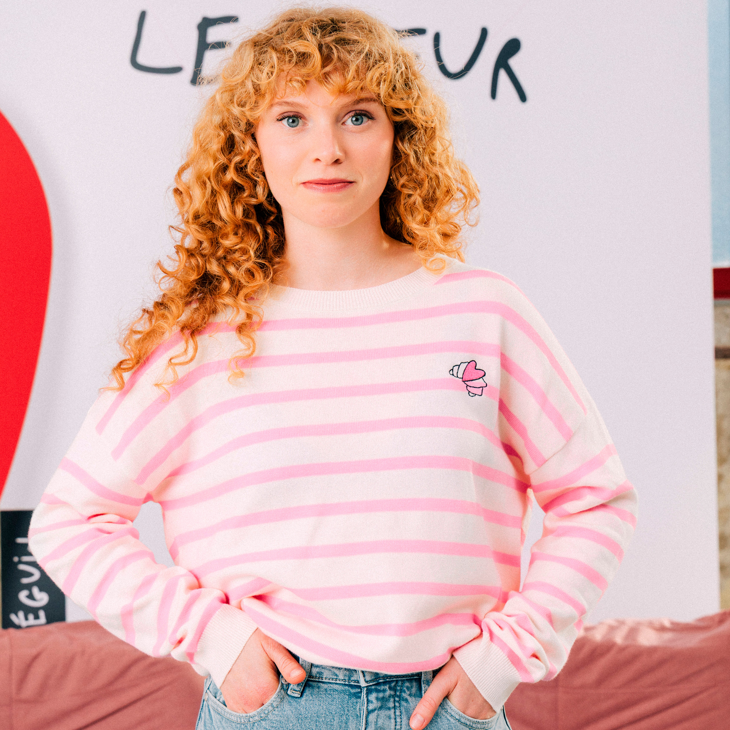 Pull col rond manches longues broderie rose clair femme