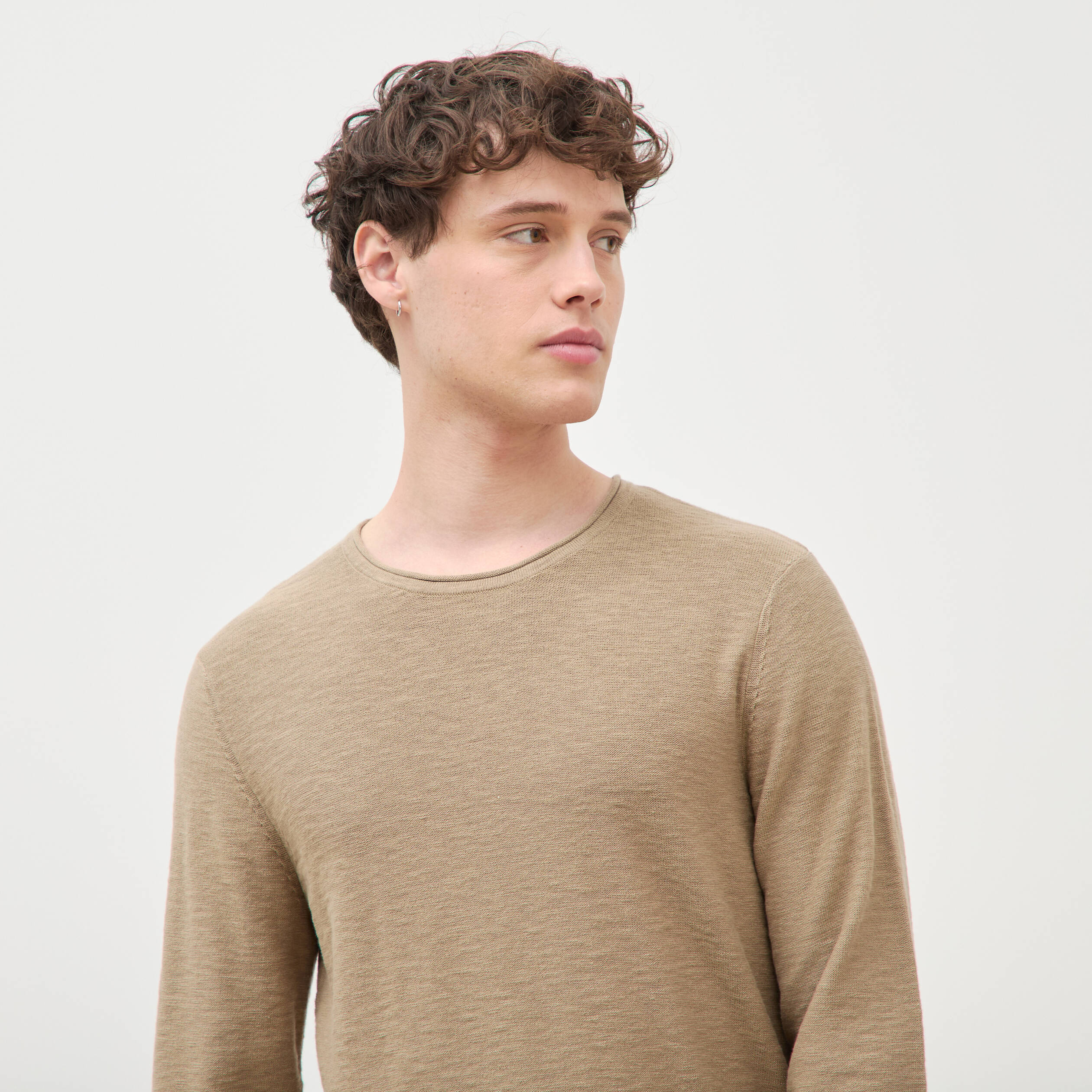 Pull fin en coton manches longues vert olive homme