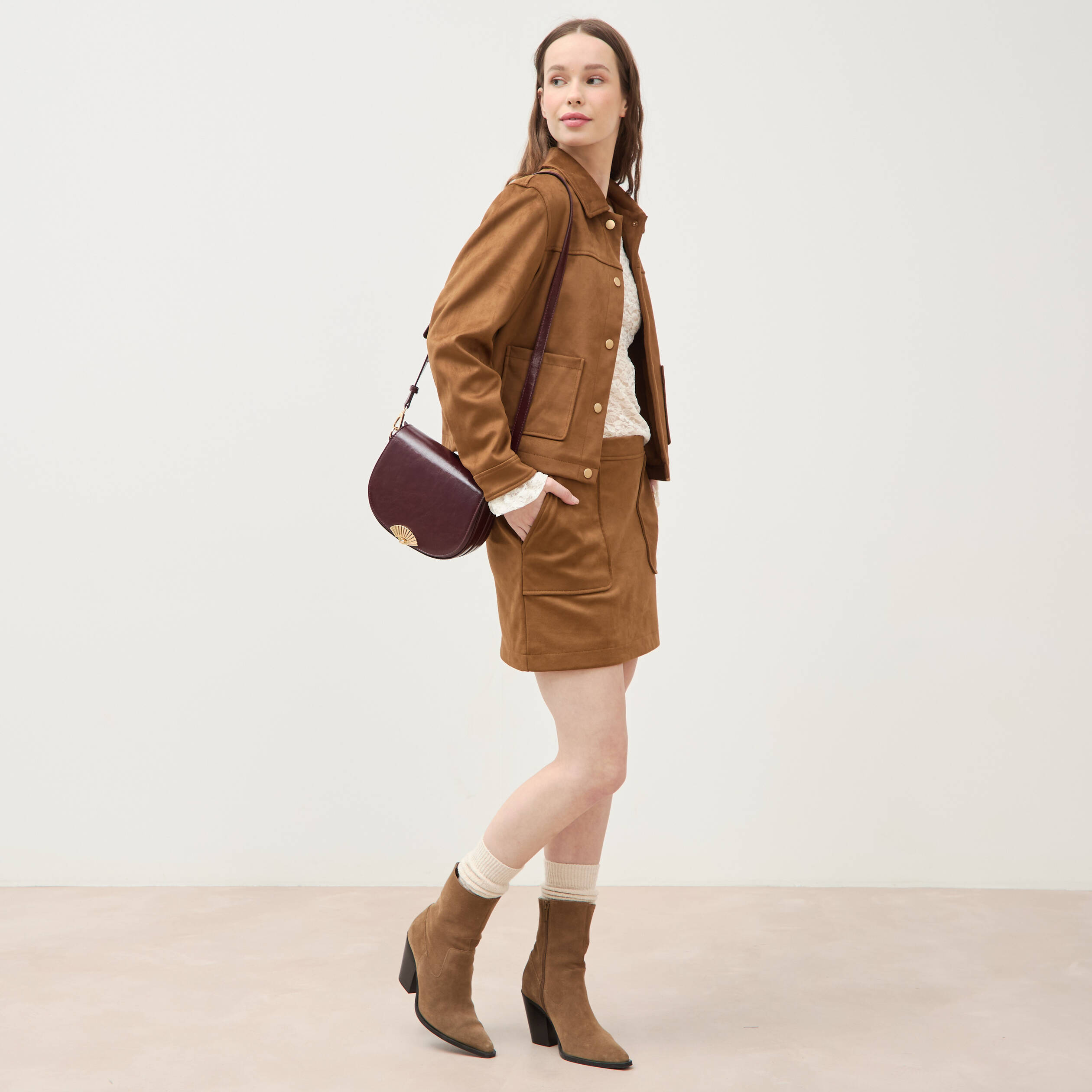 Blouson manches longues col classique marron femme