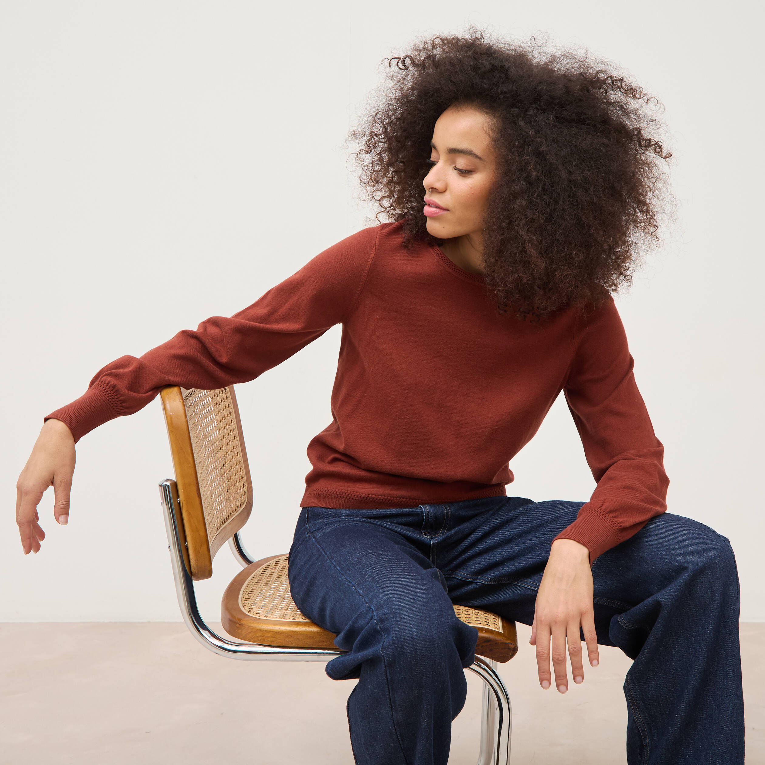 Pull manches longues marron cognac femme