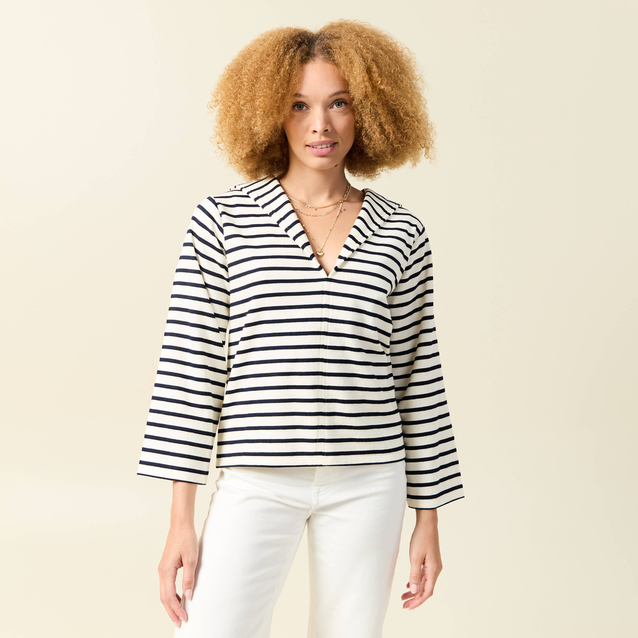 t shirt col v manches longues ecru femme T-shirt col V manches longues ecru femme