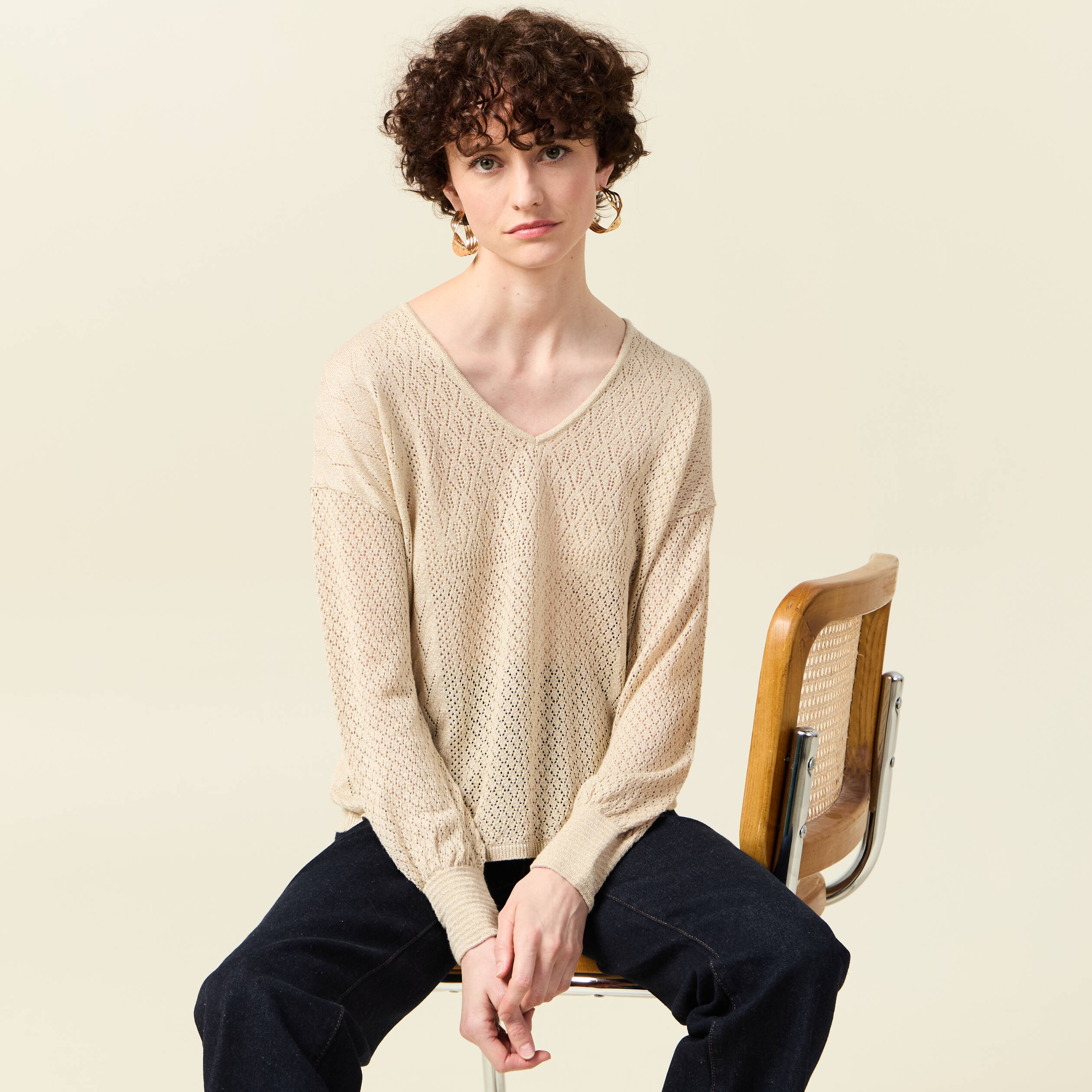 pull manches longues ajoure creme femme Pull manches longues ajouré creme femme