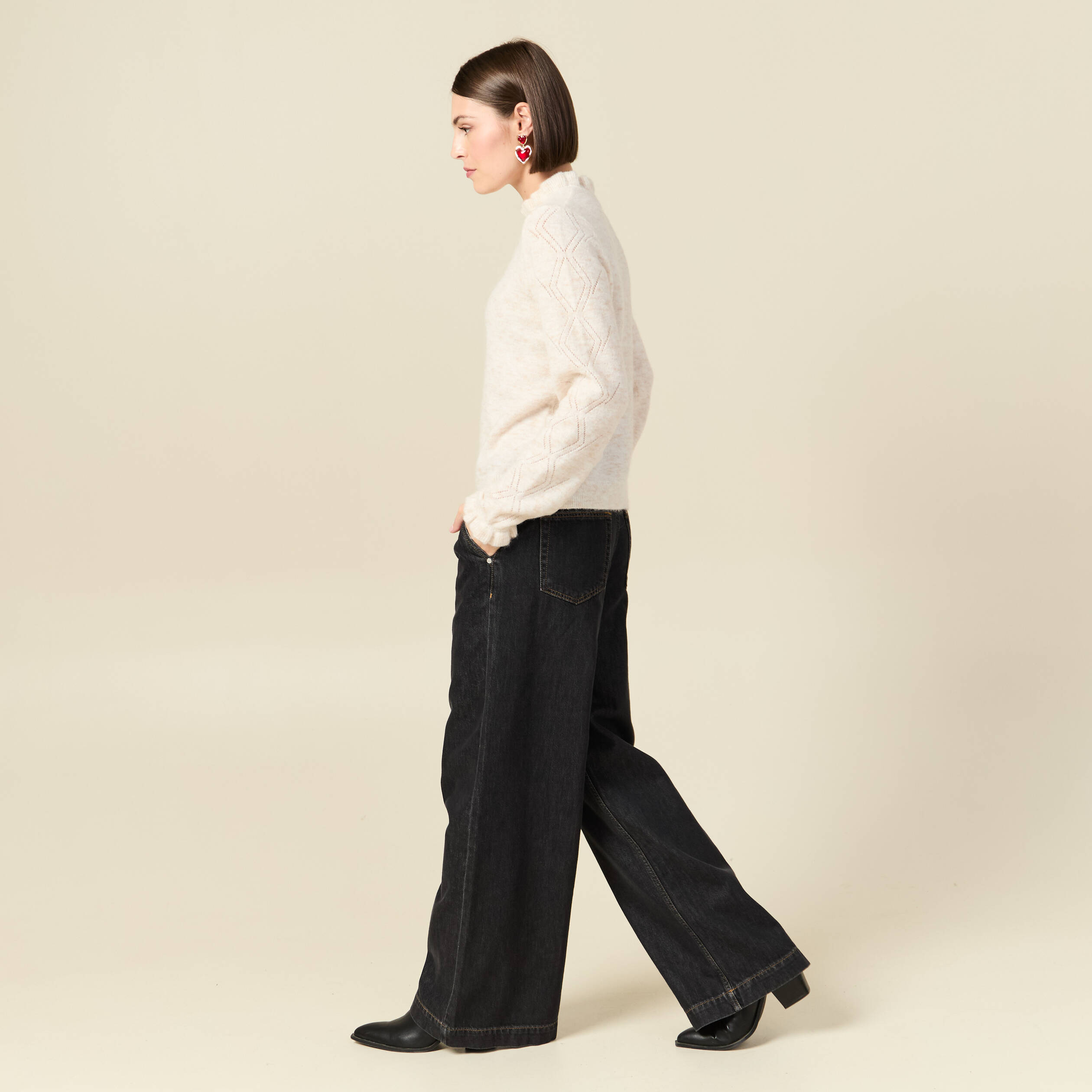 Pull col montant manches longues creme femme