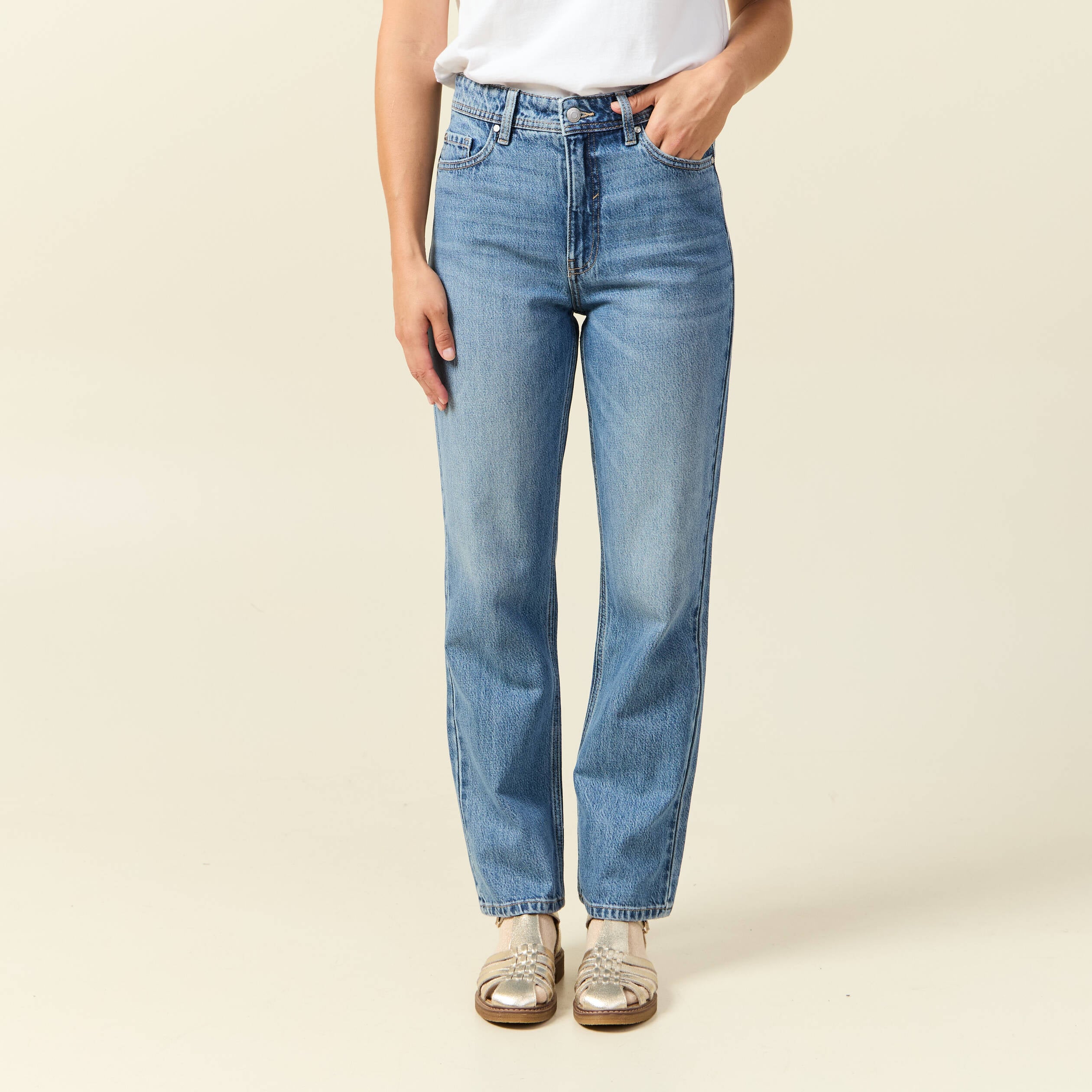 Jeans straight taille haute 7/8&egrave;me bleu femme