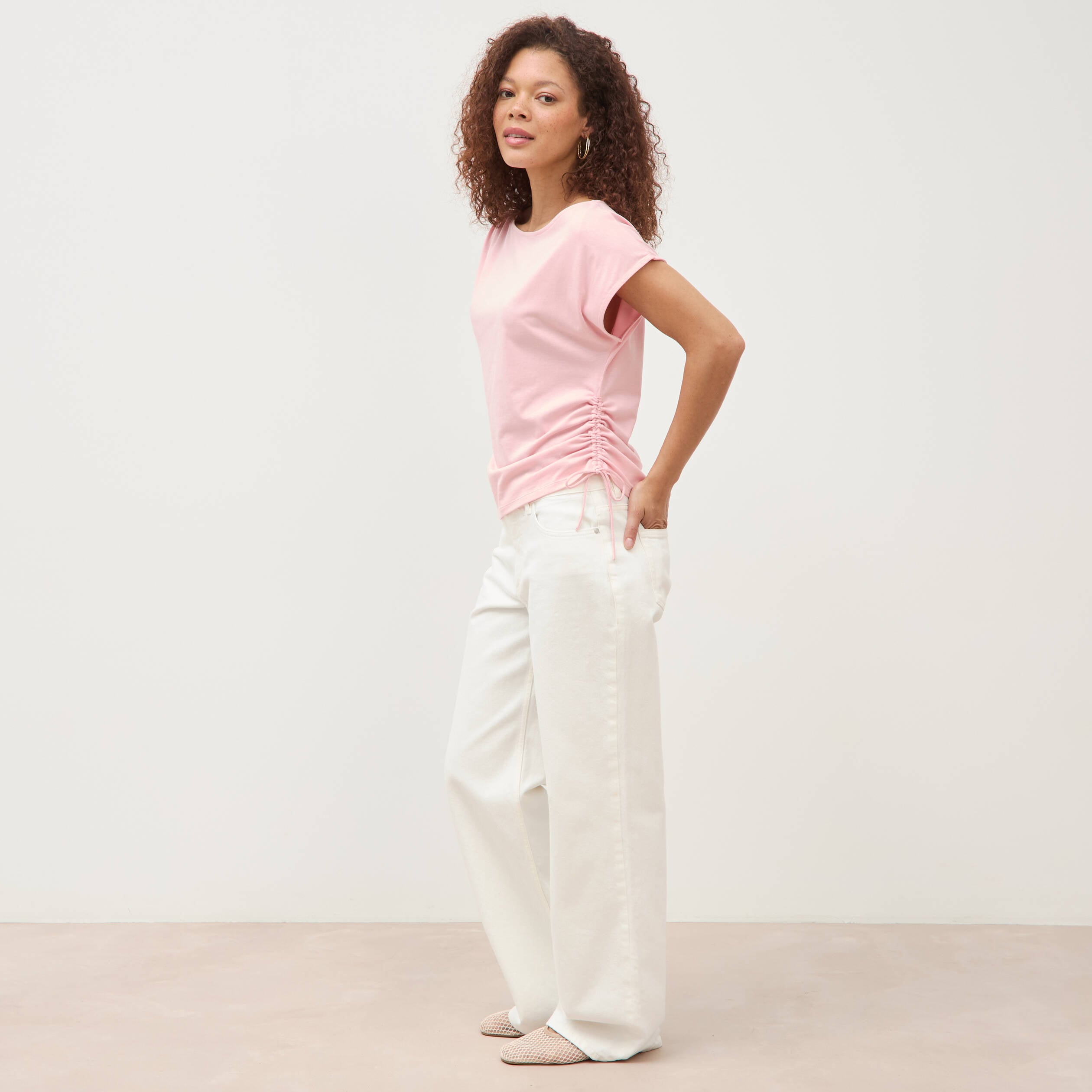 T-shirt col bateau manches courtes rose clair femme