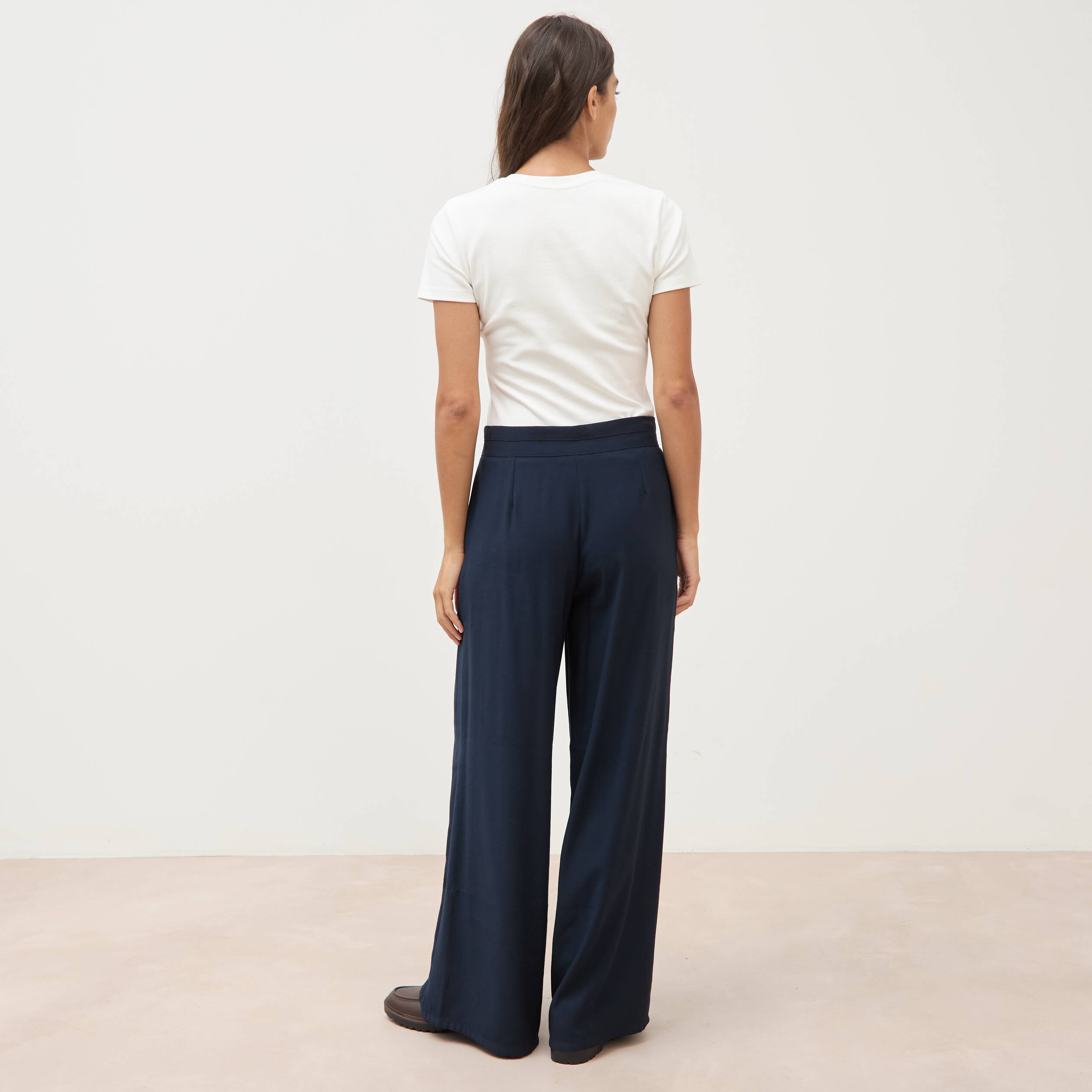 Pantalon large taille haute ceinture bleu fonc&eacute; femme