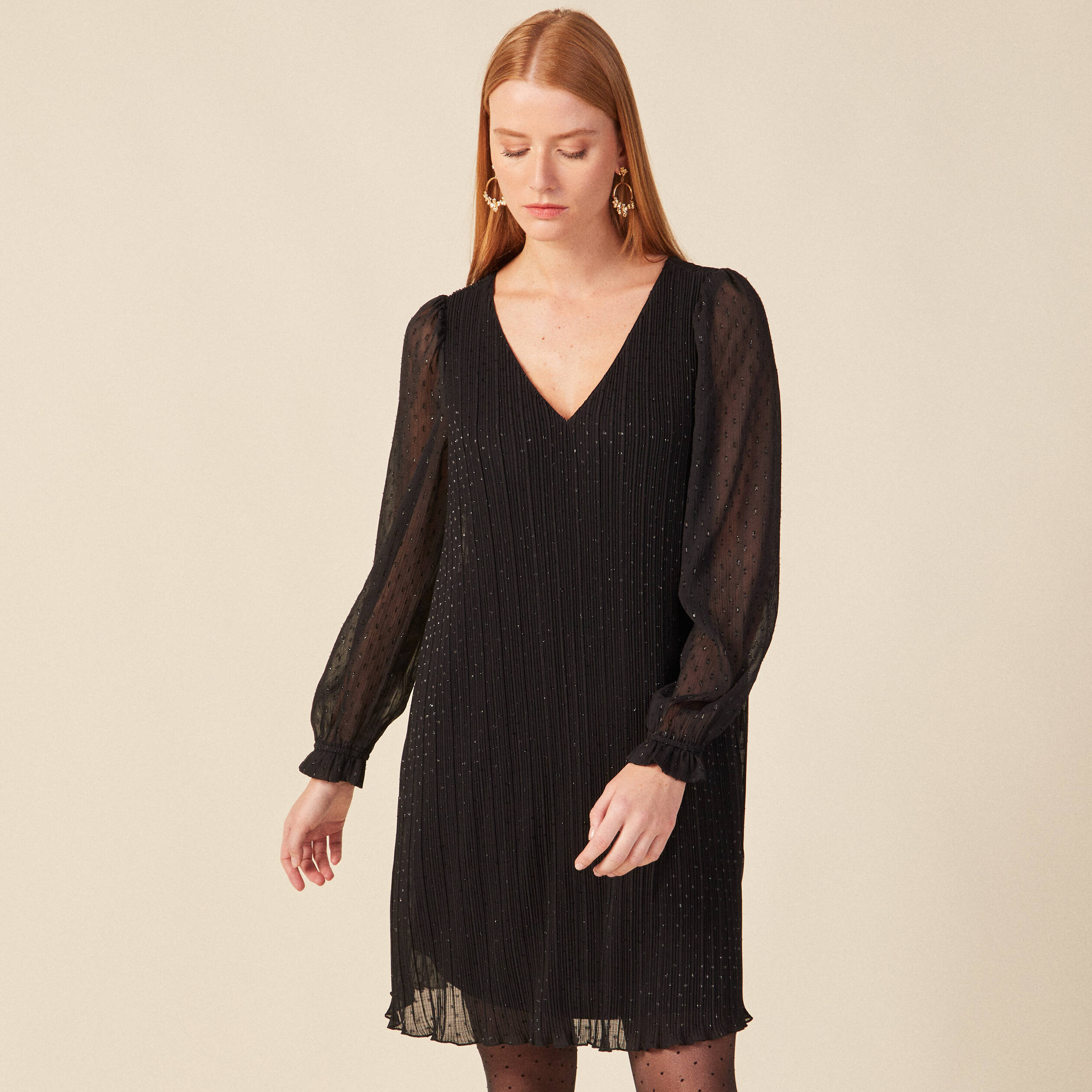 Robe trapèze plissée noir femme