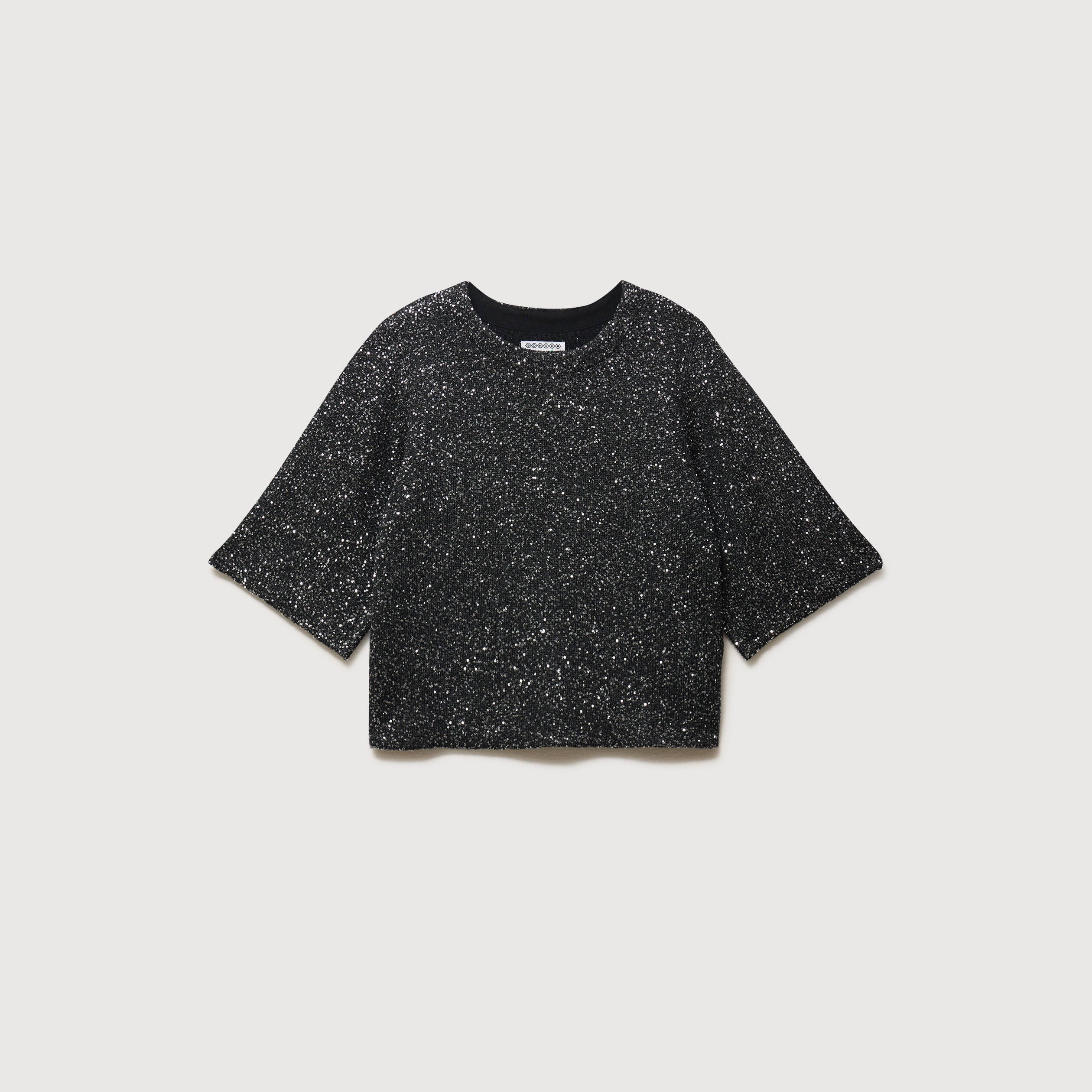 Pull manches courtes col rond brillant noir femme