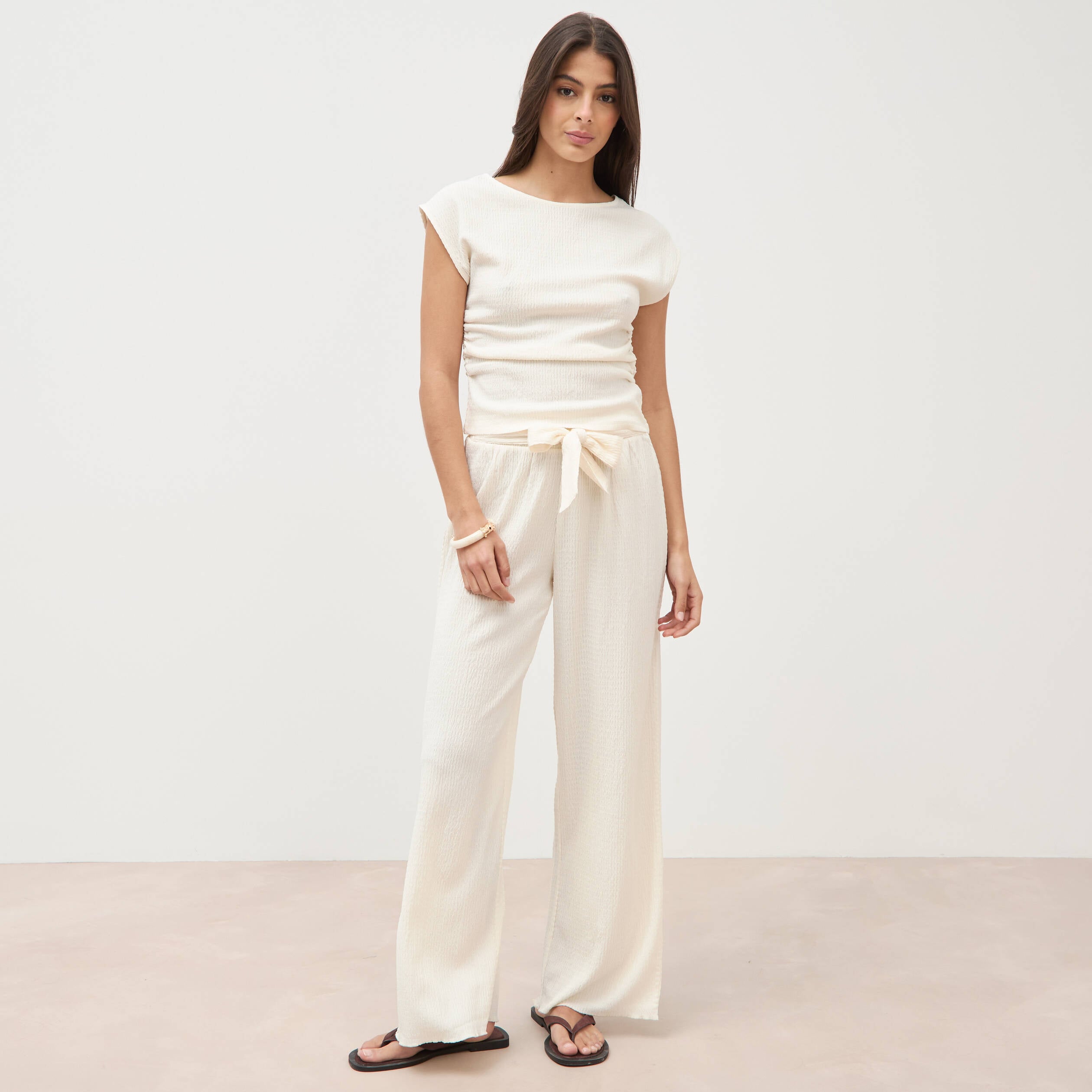 Pantalon loose avec ceinture creme femme