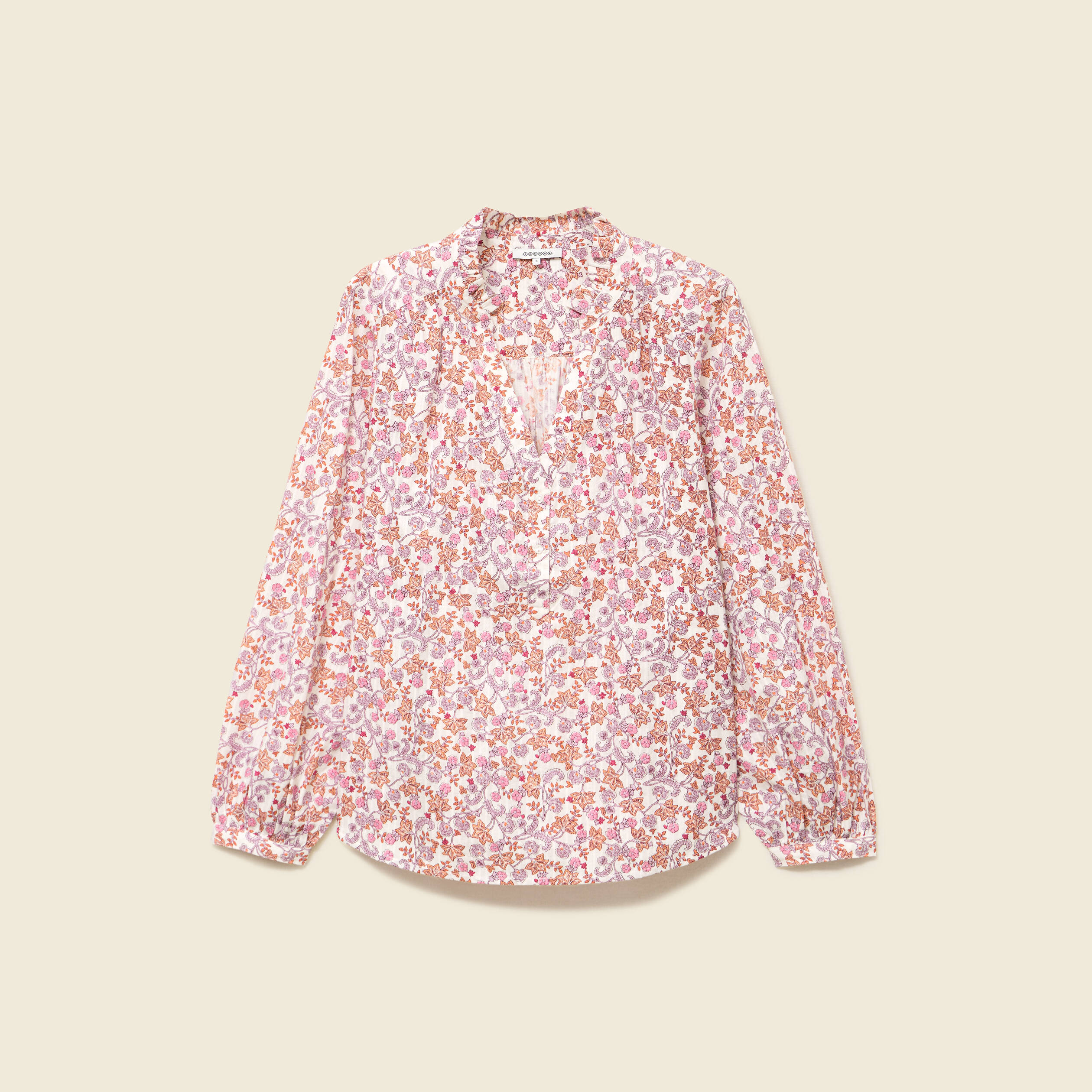 Blouse manches longues en coton orange corail femme