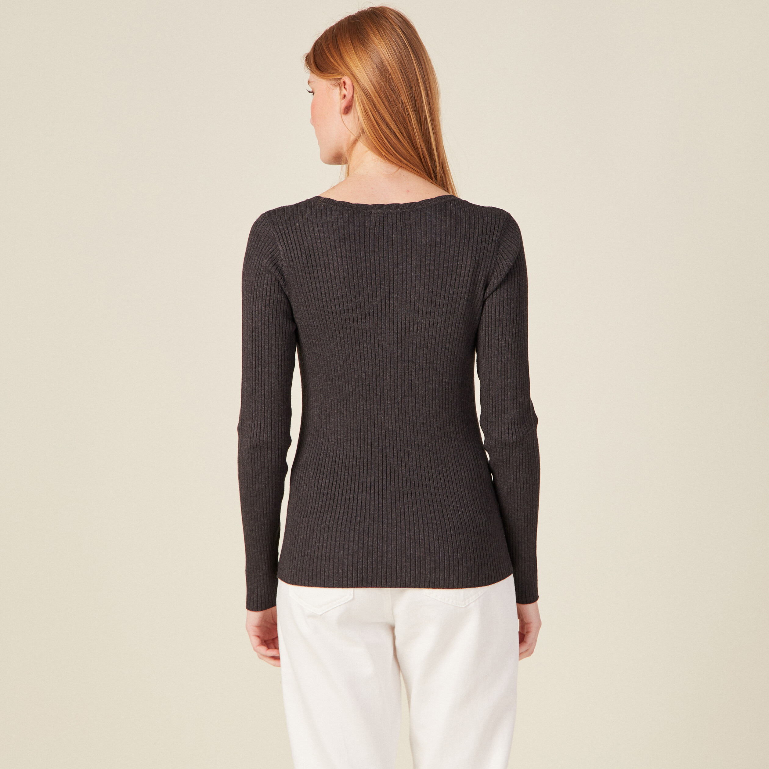 Gilet manches longues col v gris fonc&eacute; femme
