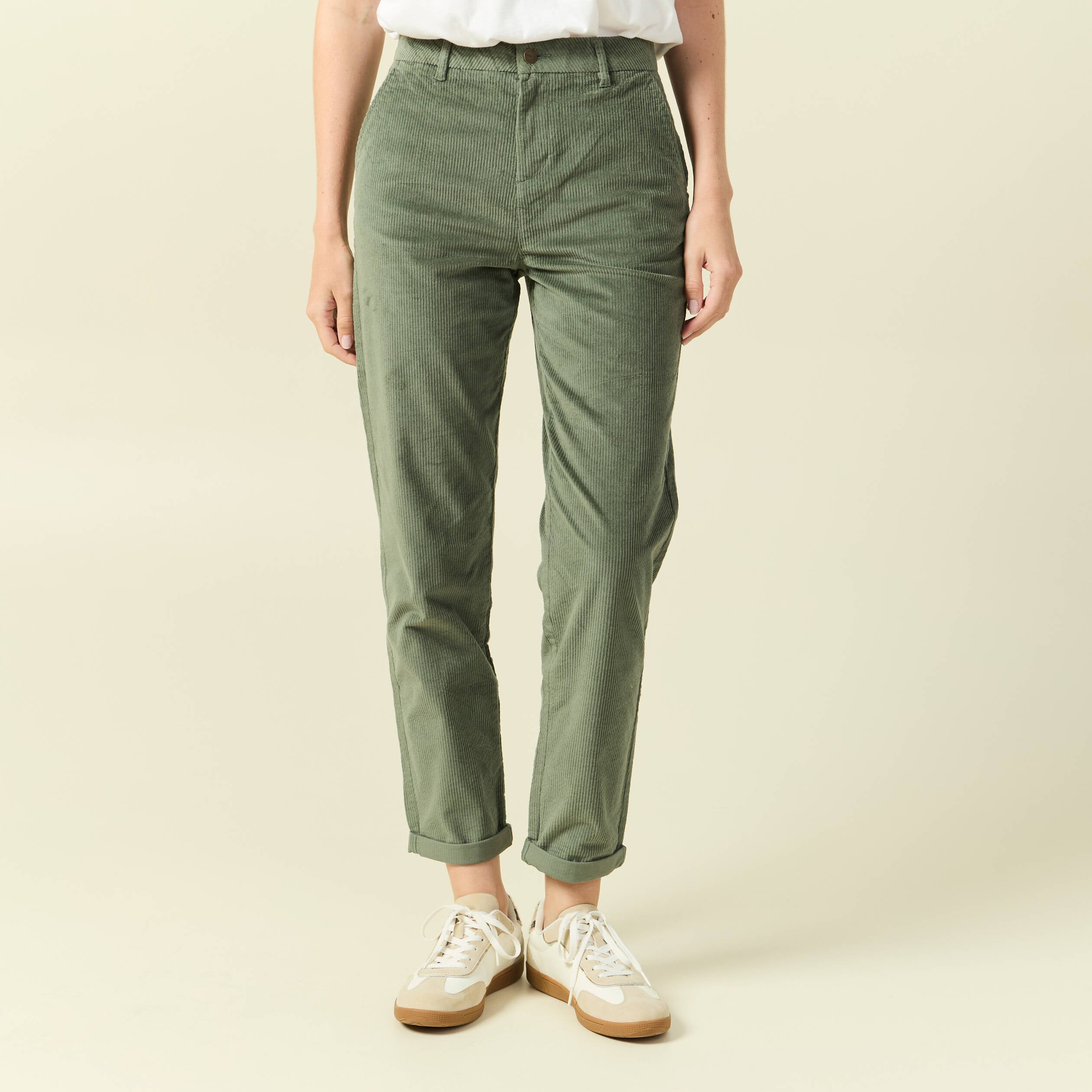 Pantalon large 7/8&egrave;me taille haute vert kaki femme