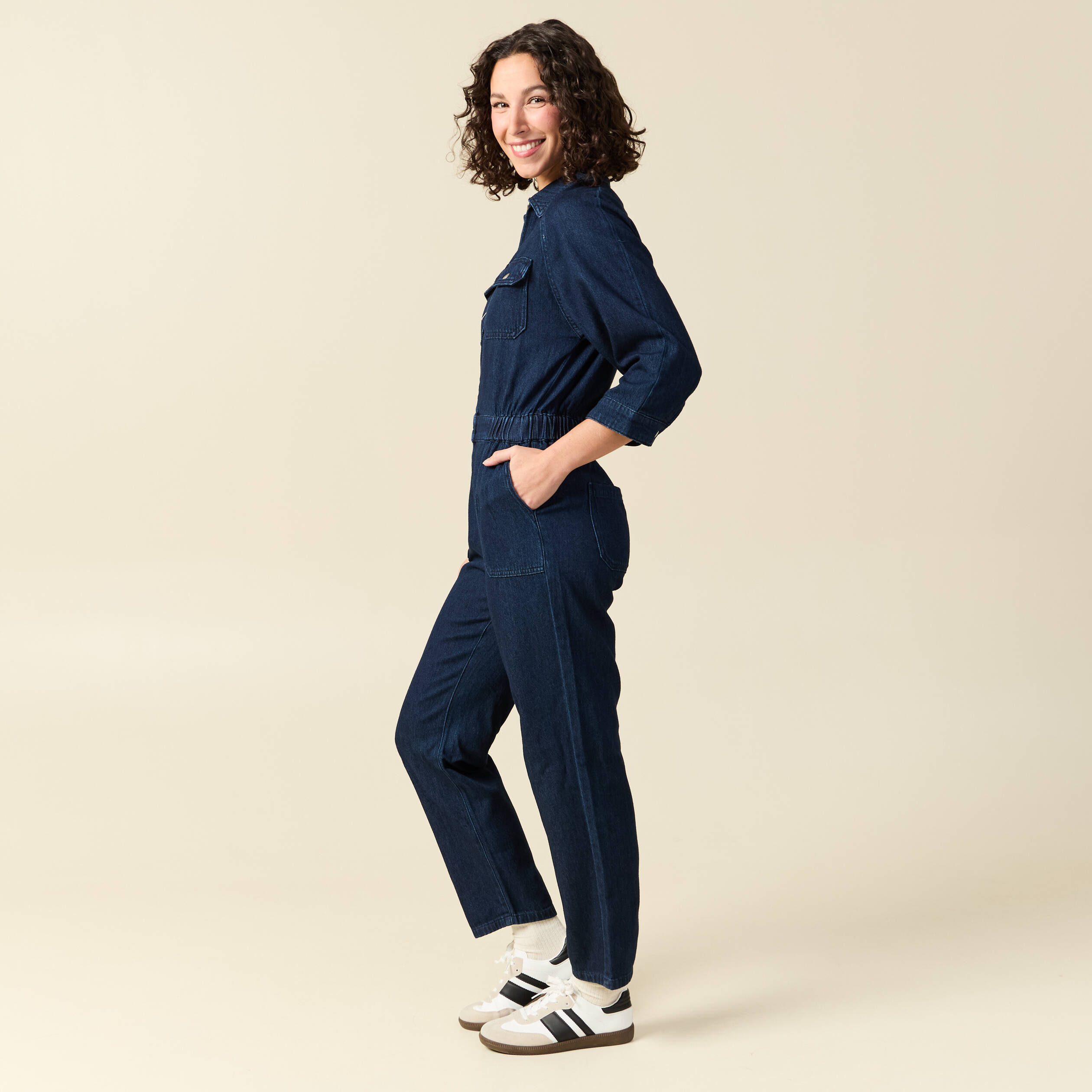 Combipantalon en coton aspect jeans denim brut rinse femme