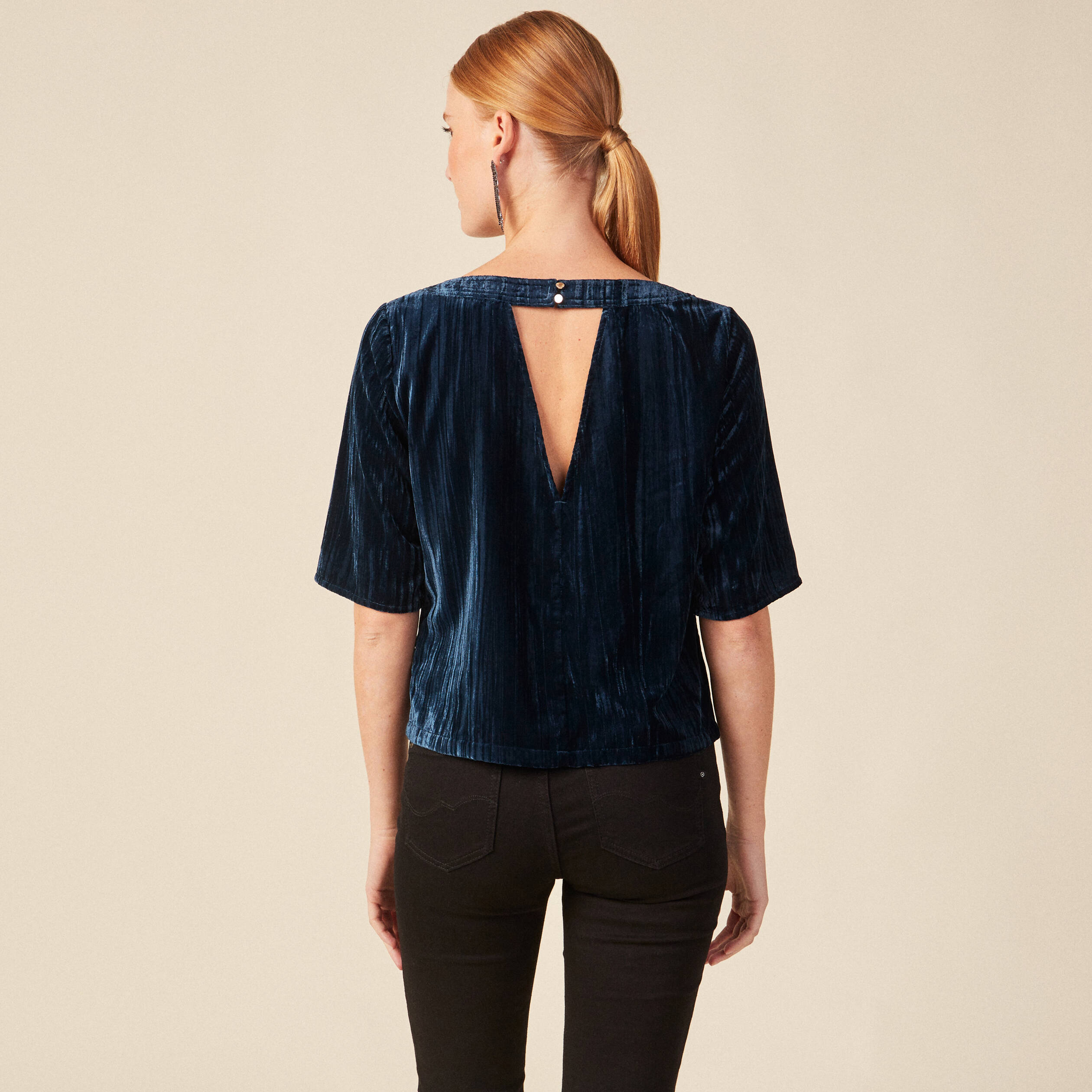 Blouse velours éco-responsable bleu canard femme