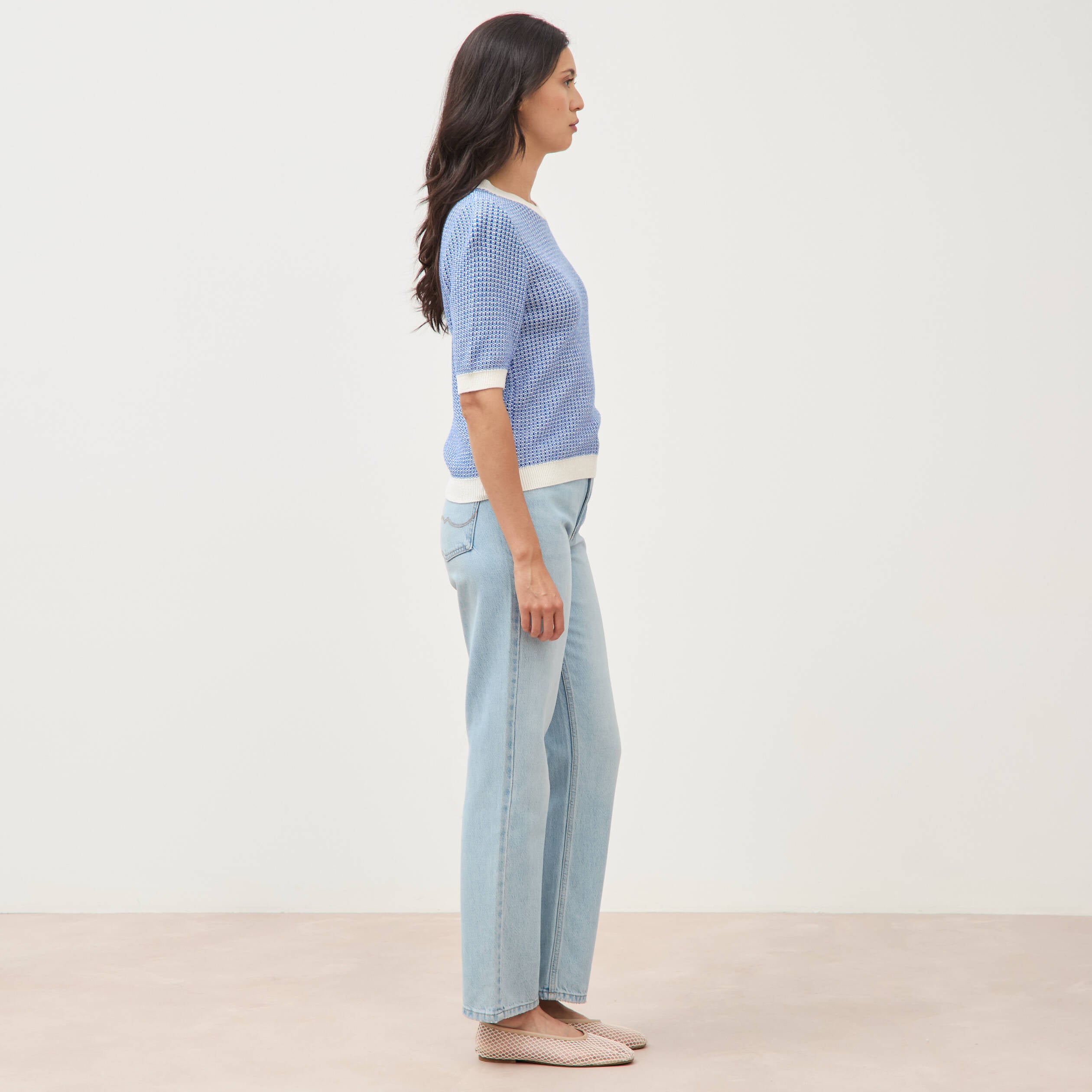 Pull droit court manches courtes bleu electrique femme
