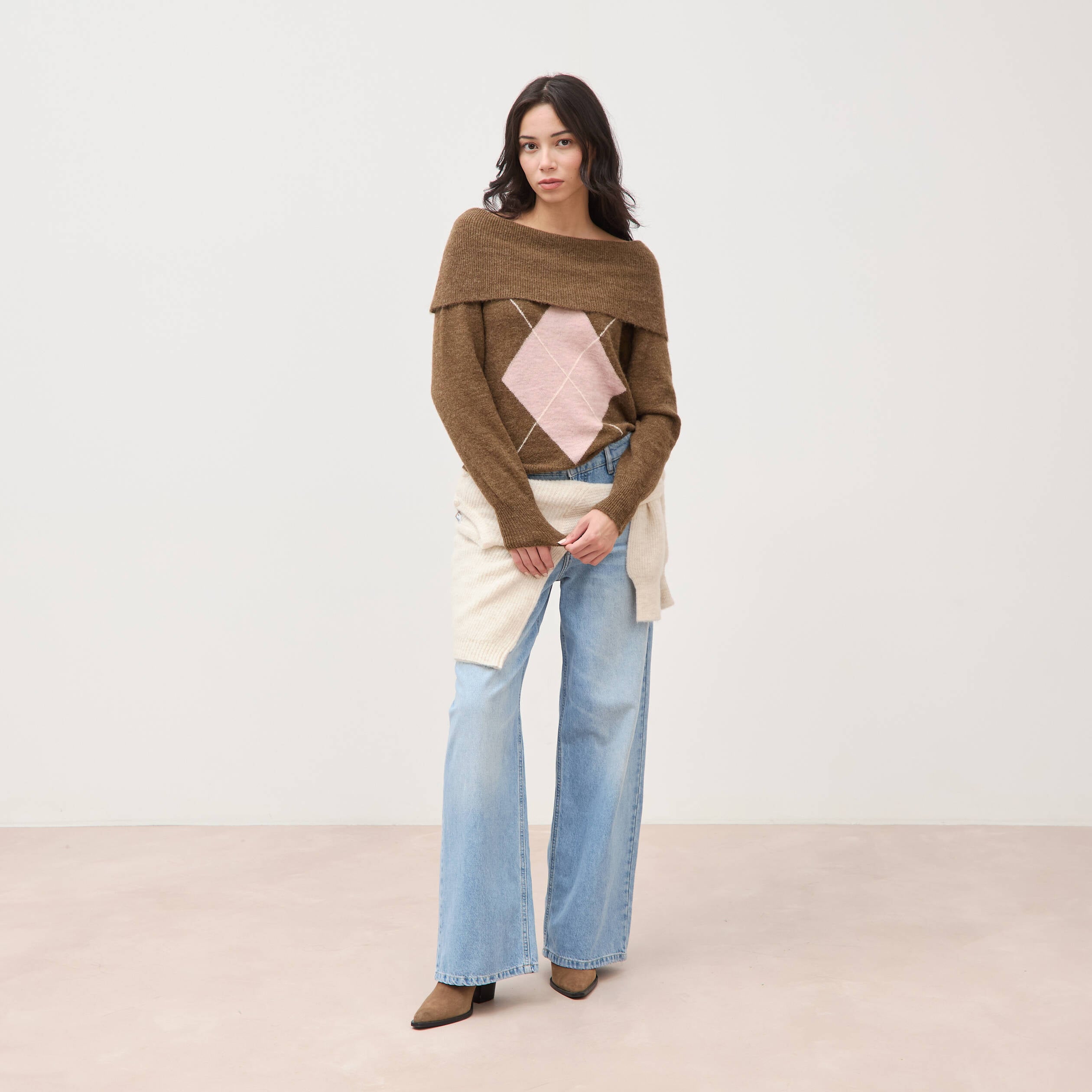 Pull droit manches longues bardot marron femme