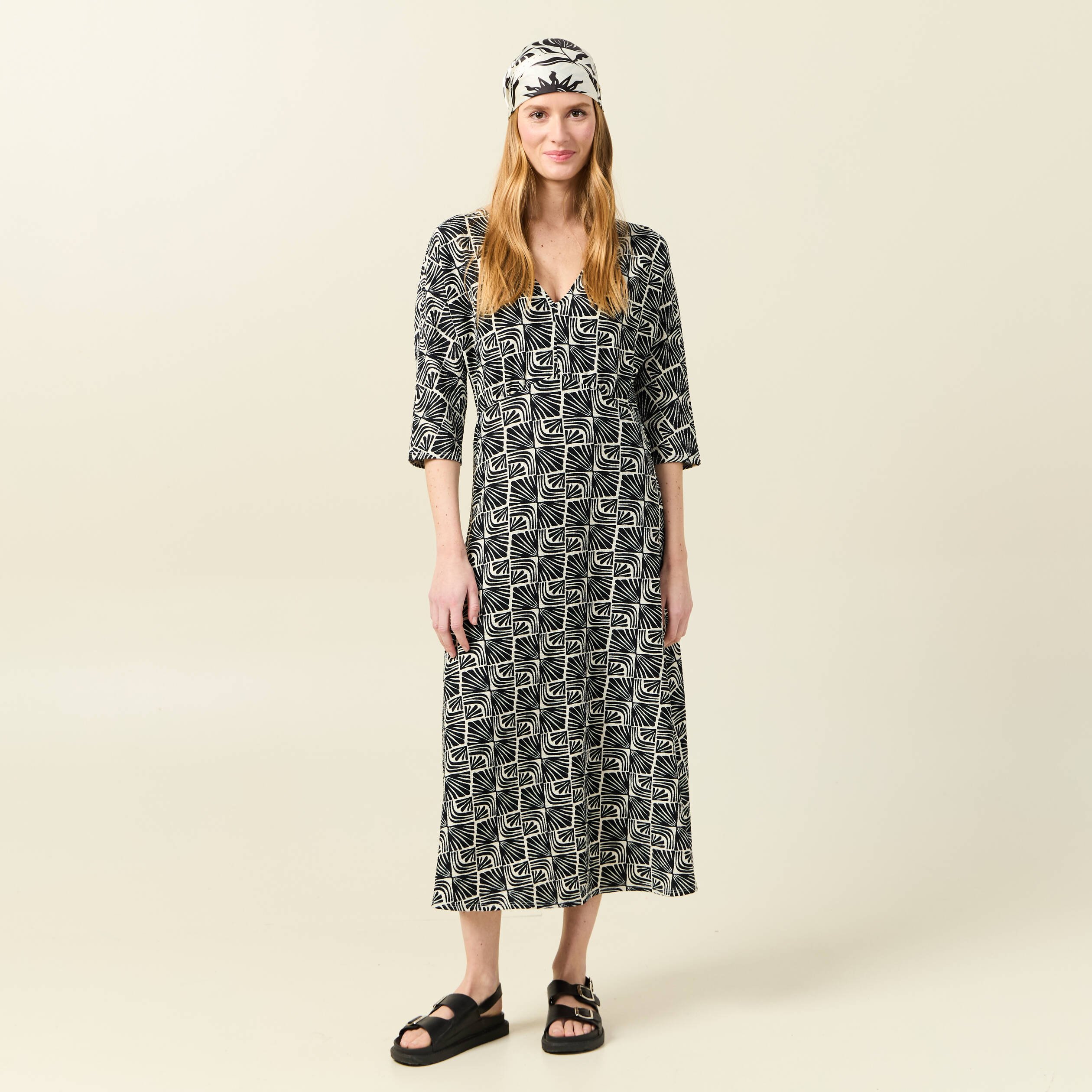 Robe midi droite manches 3/4 creme femme