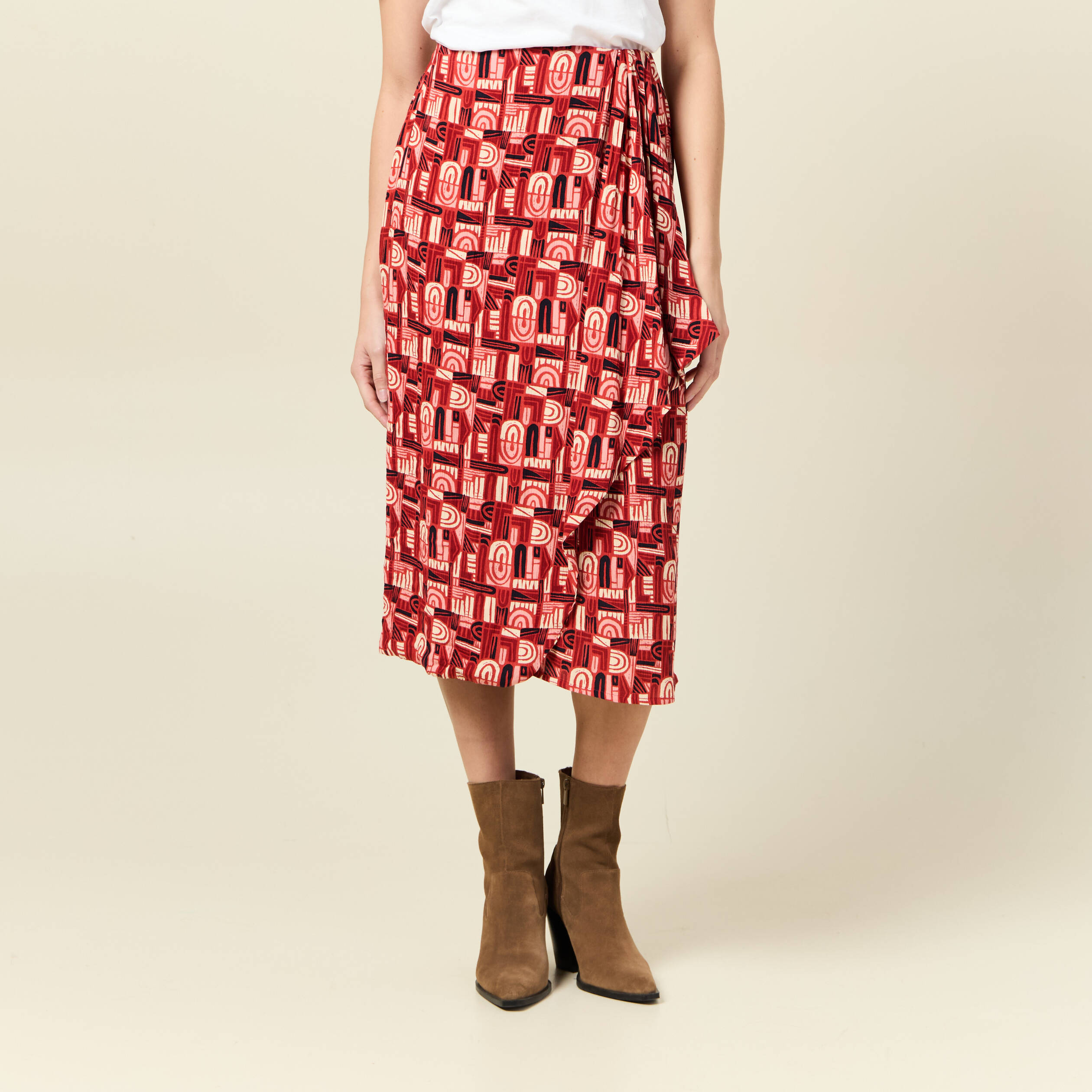 Jupe midi portefeuille fluide rouge fonc&eacute; femme