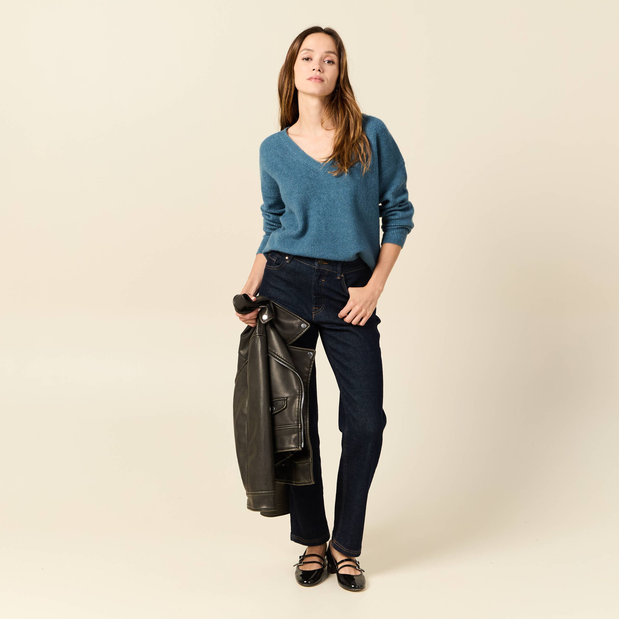 pull manches longues col en v bleu gris femme Pull manches longues col en V bleu gris femme