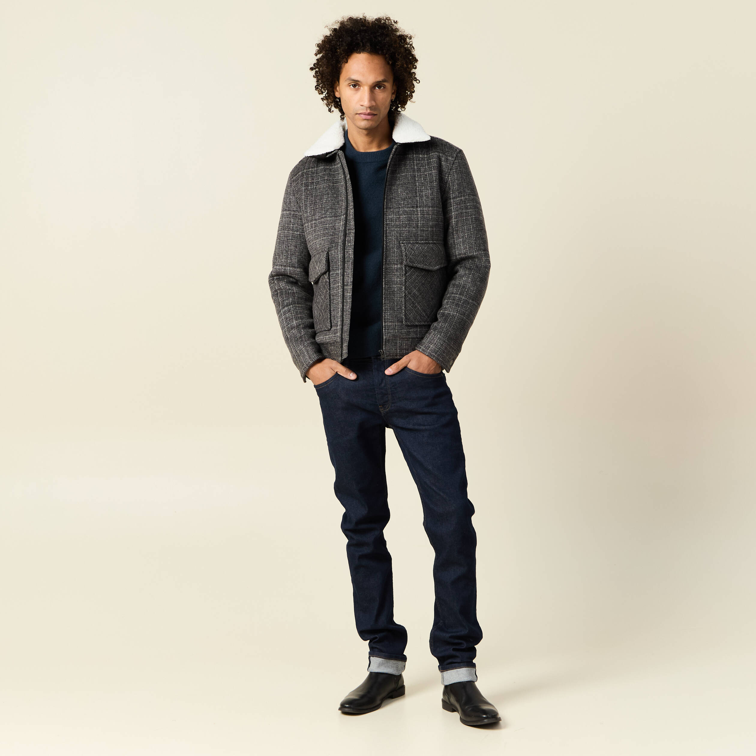 blouson zippe col aviateur gris fonce homme Blouson zippé col aviateur gris foncé homme