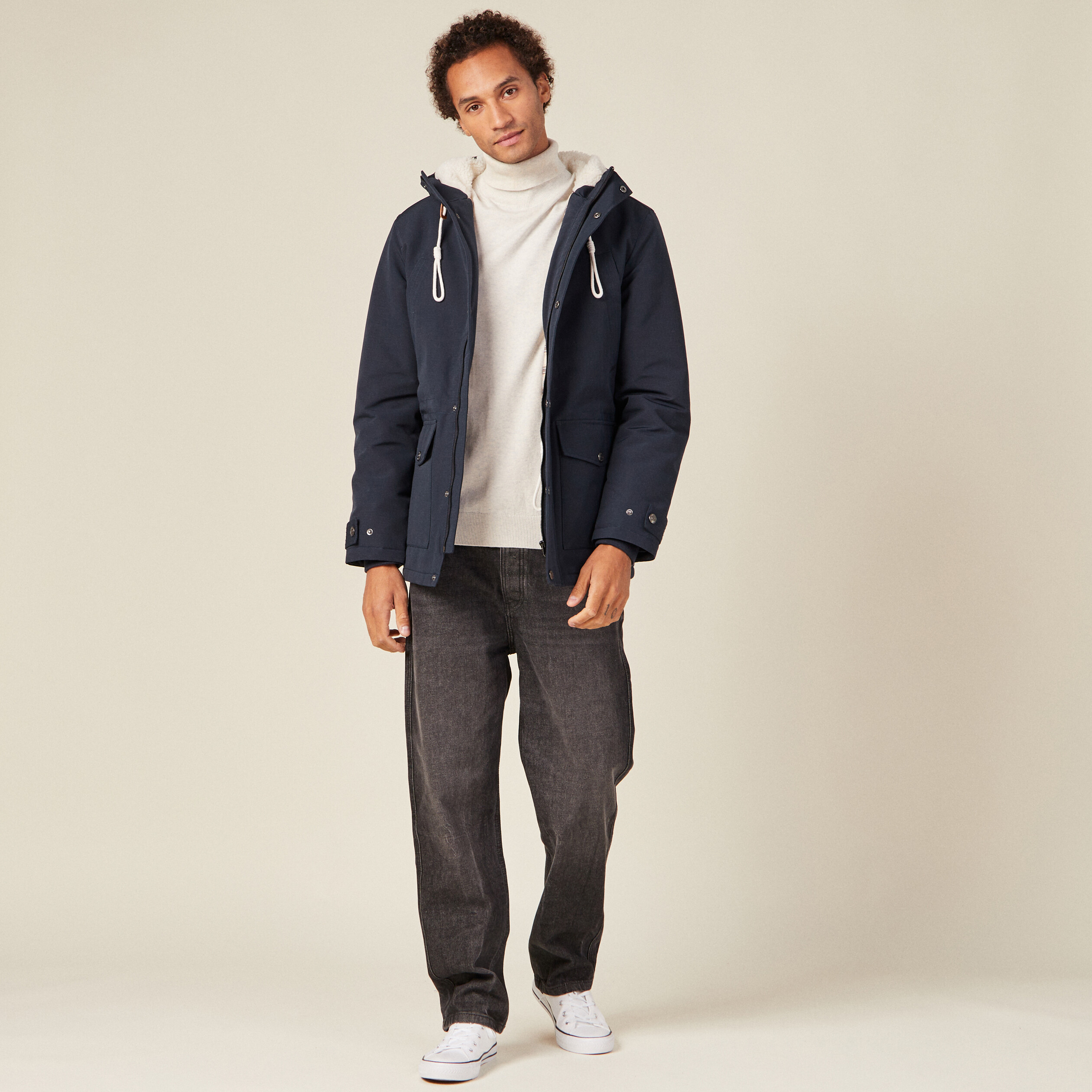 Parka droite à capuche bleu marine homme
