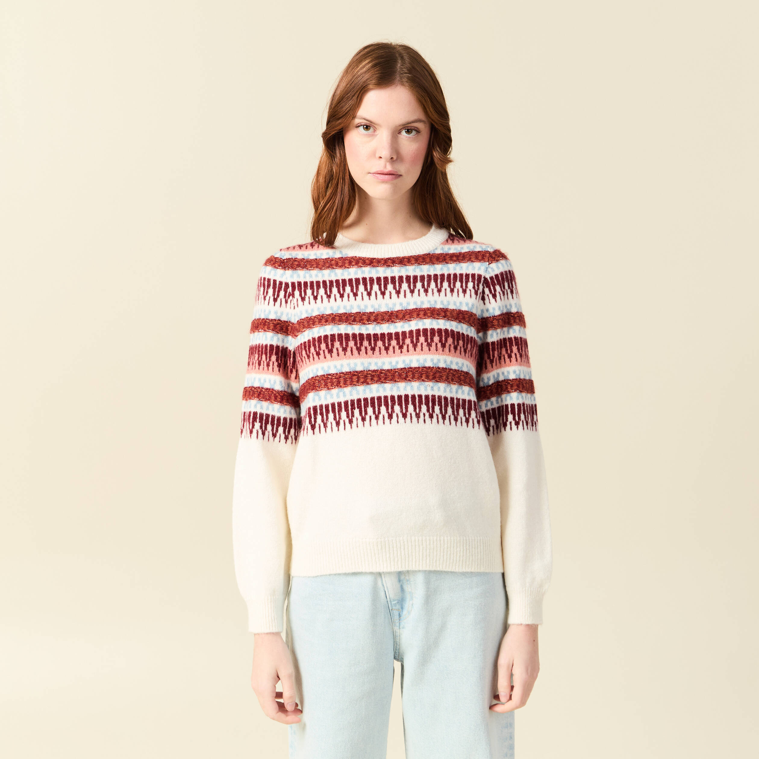 Pull manches longues col rond ecru femme