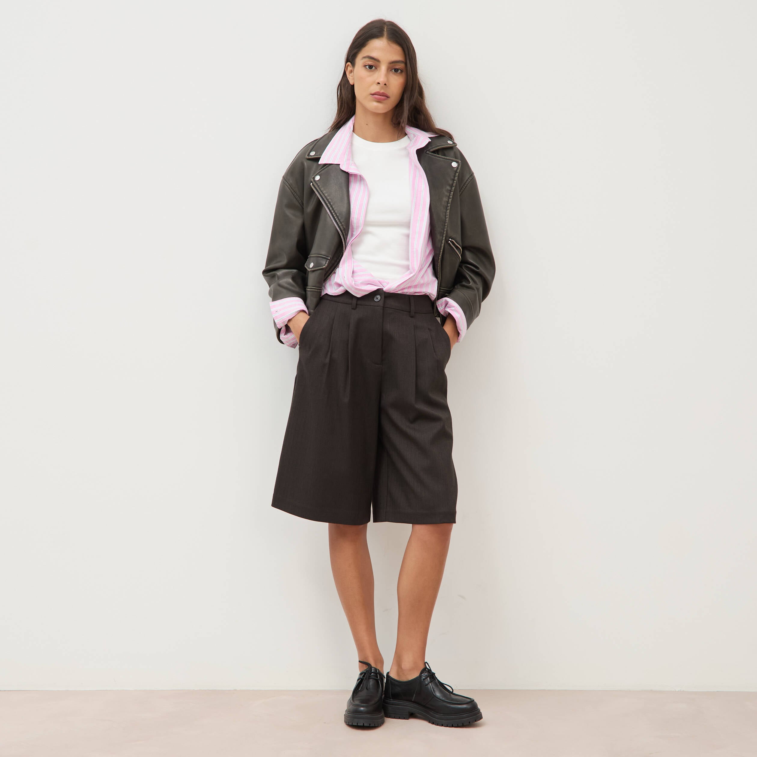 Bermuda large taille haute marron fonc&eacute; femme