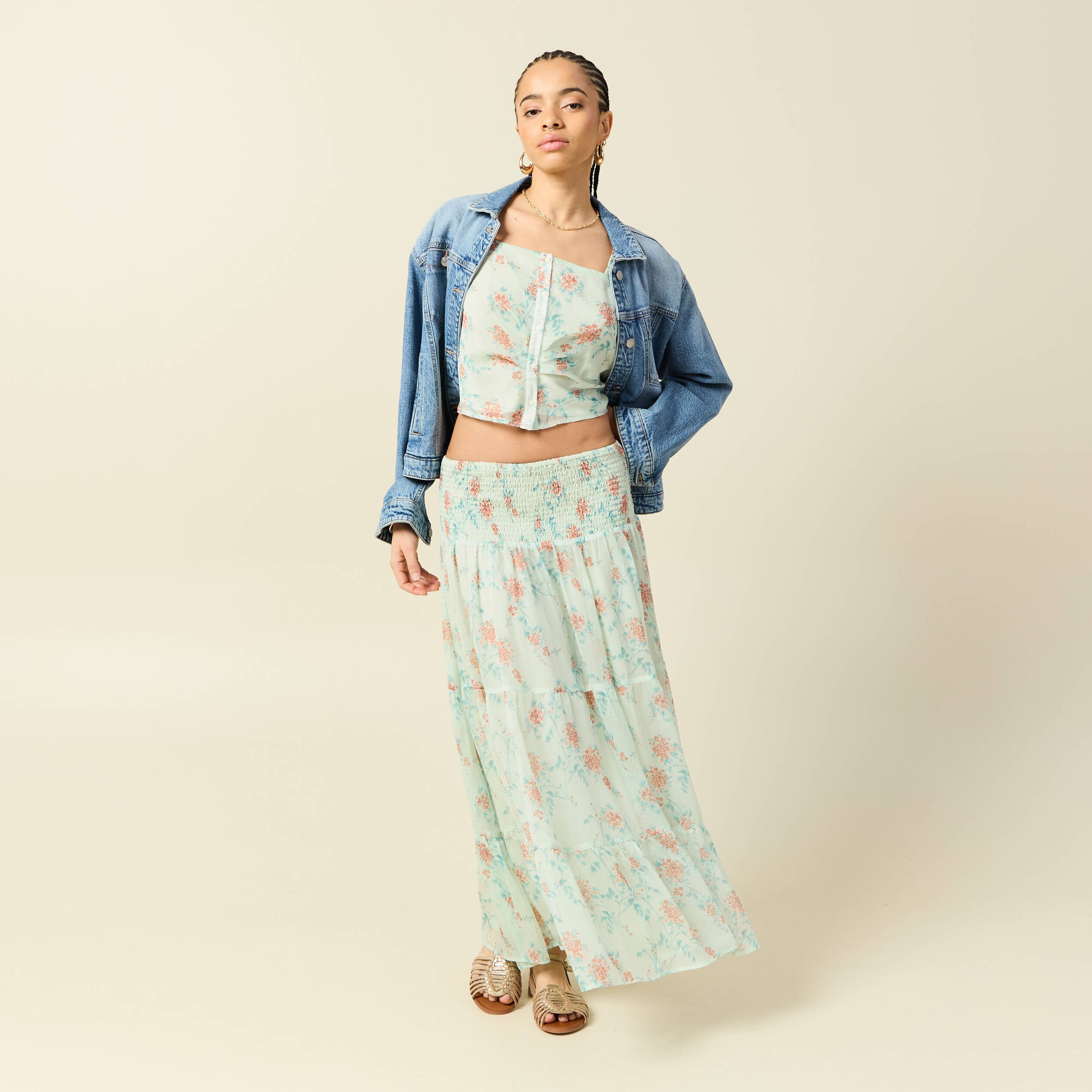 Jupon taille haute doubl&eacute; fluide vert pastel femme