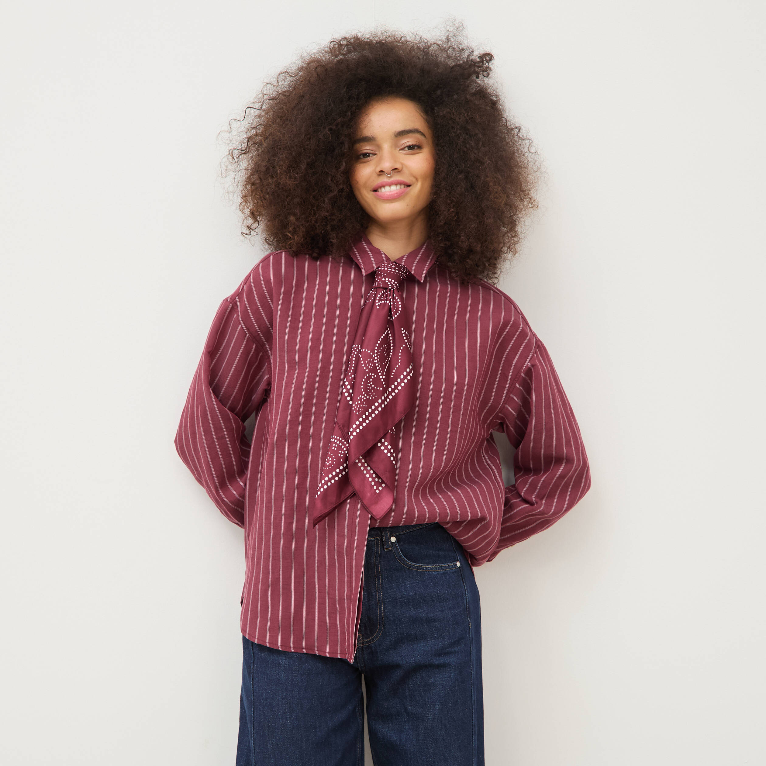 Chemise droite manches longues fluide bordeaux femme