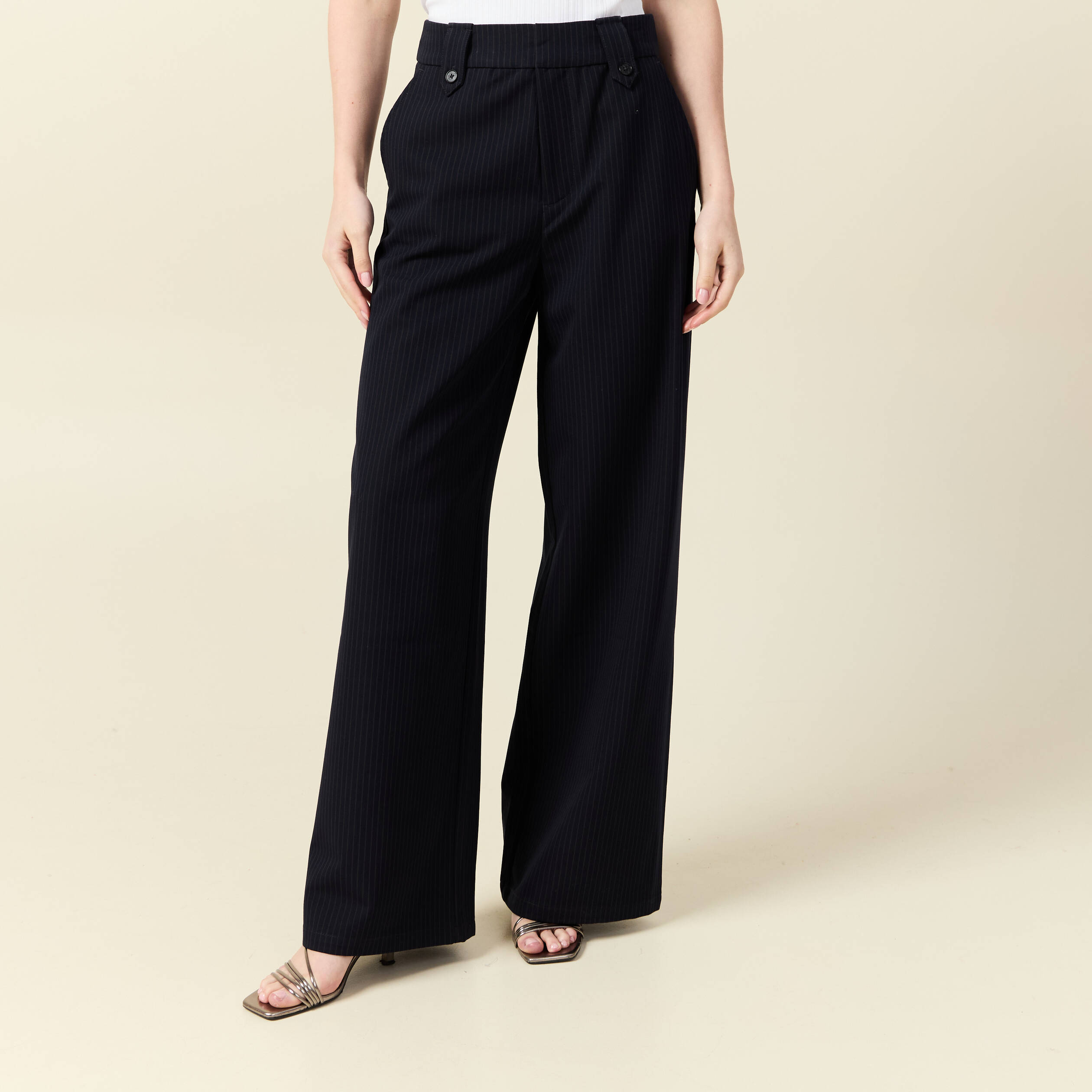Pantalon large taille haute fluide bleu marine femme