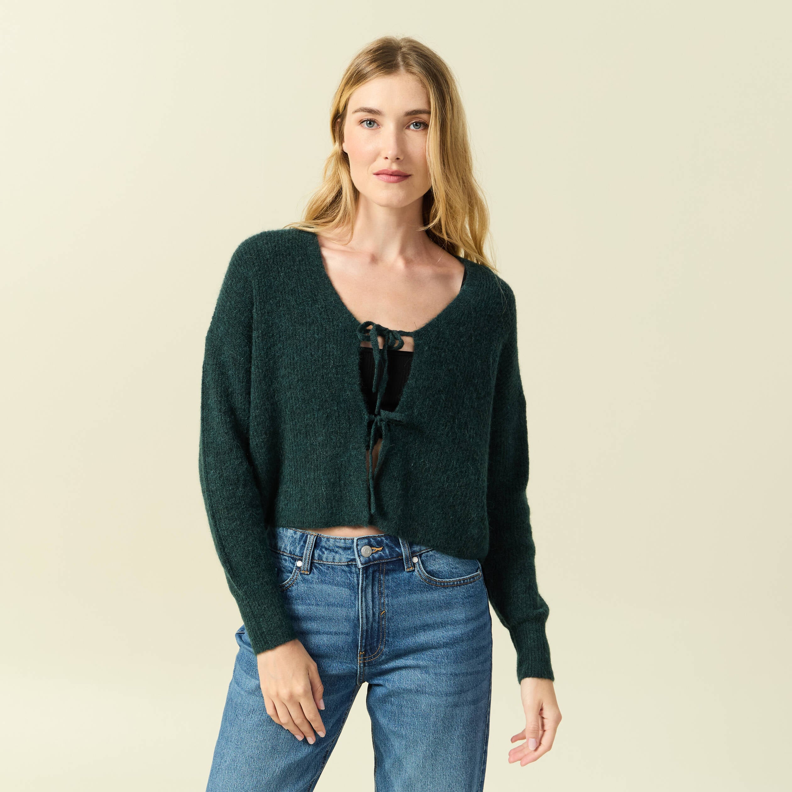 Gilet col V manches longues n&oelig;uds vert fonc&eacute; femme