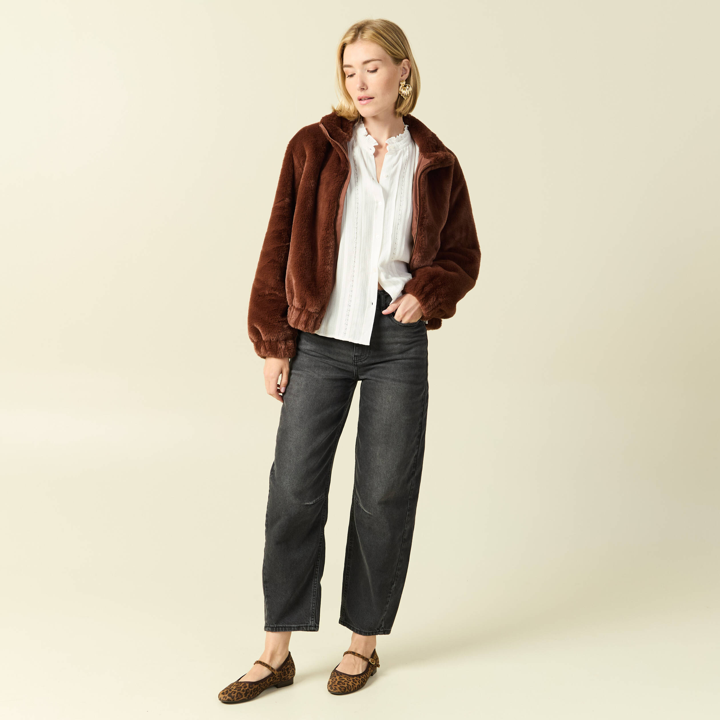 Jeans barrel 7/8&egrave;me avec ceinture denim gris femme