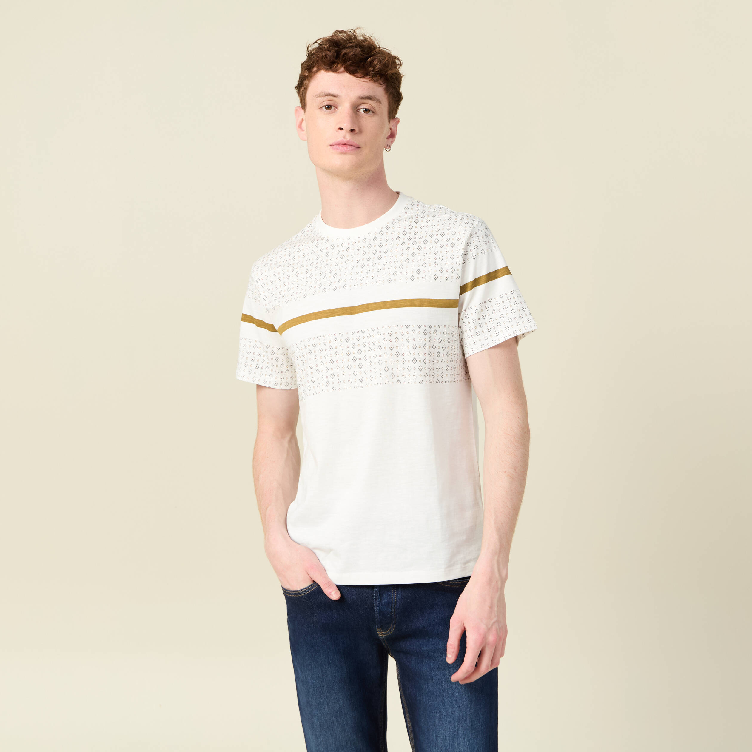 T-shirt col rond manches courtes ecru homme