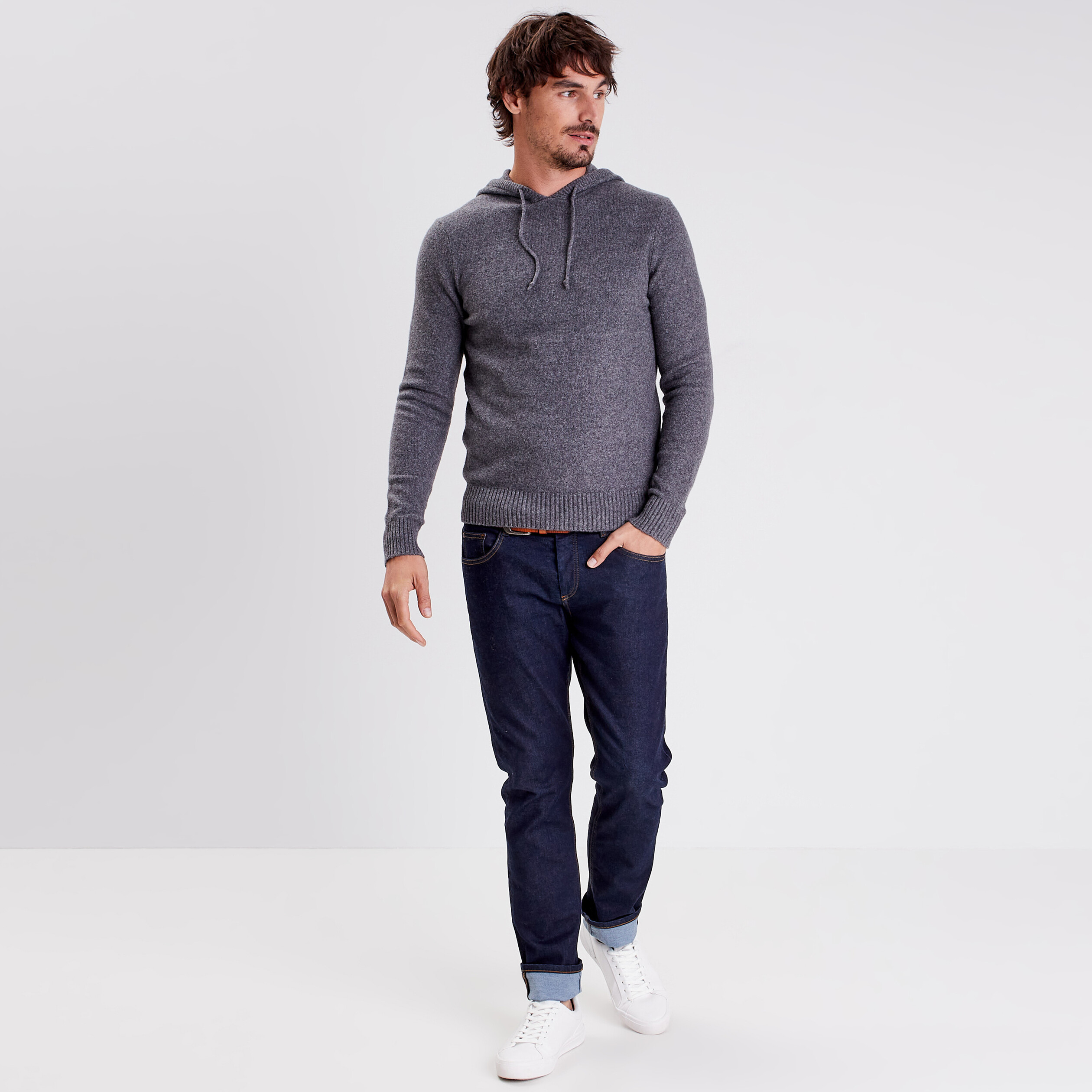 Pull manches longues à capuche gris foncé homme