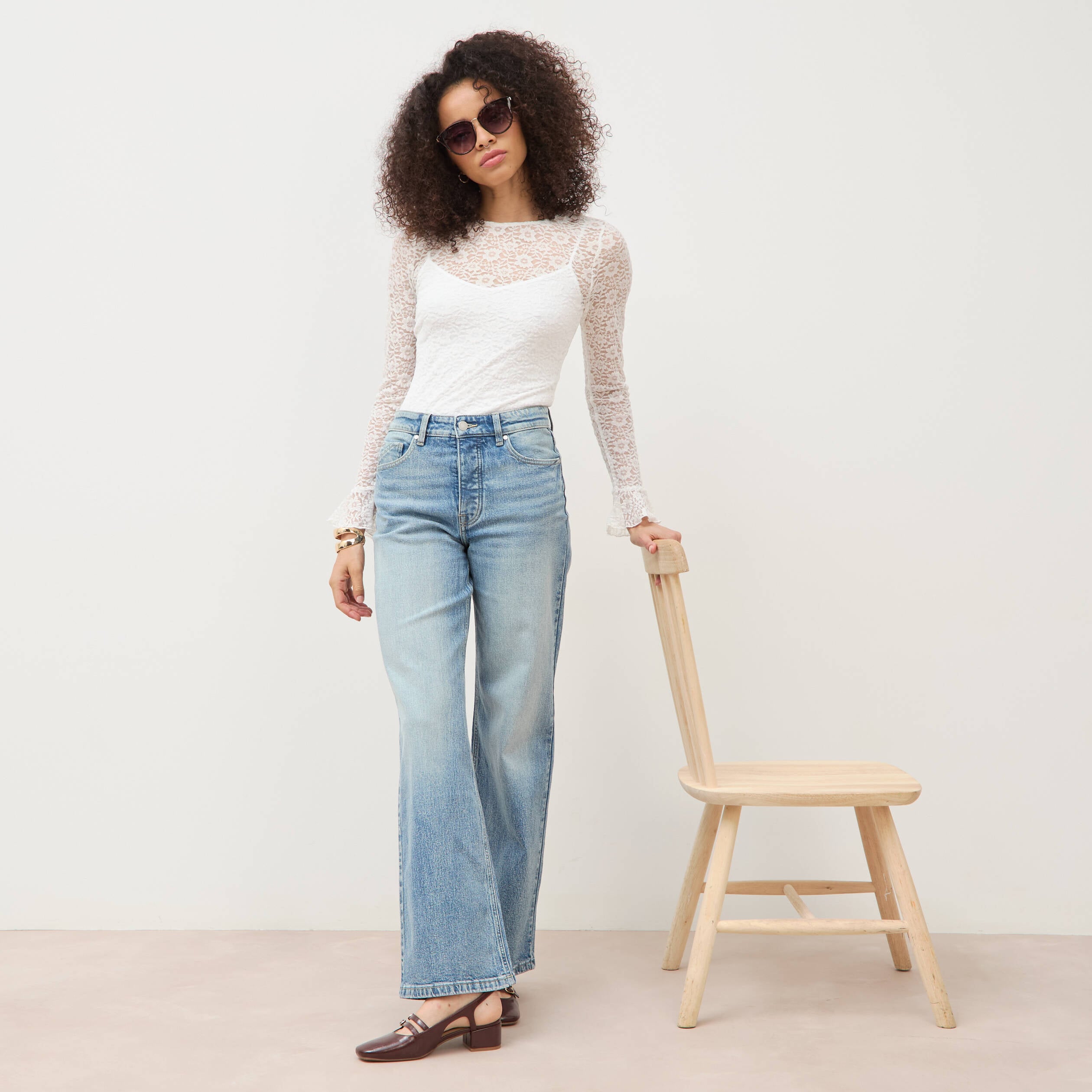 Jeans large taille haute bleu femme