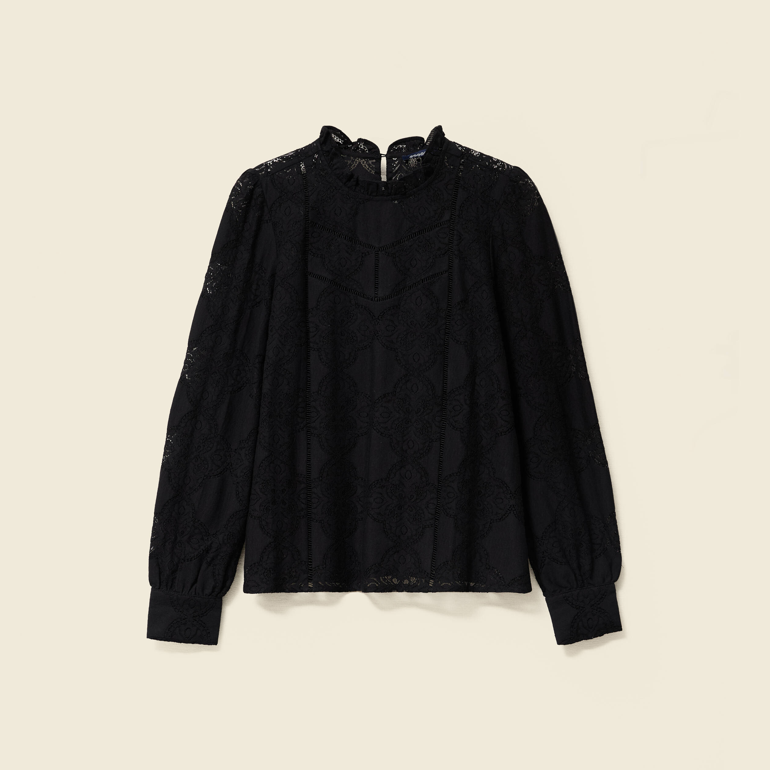 Blouse cintr&eacute;e dentelle manches longues noir femme