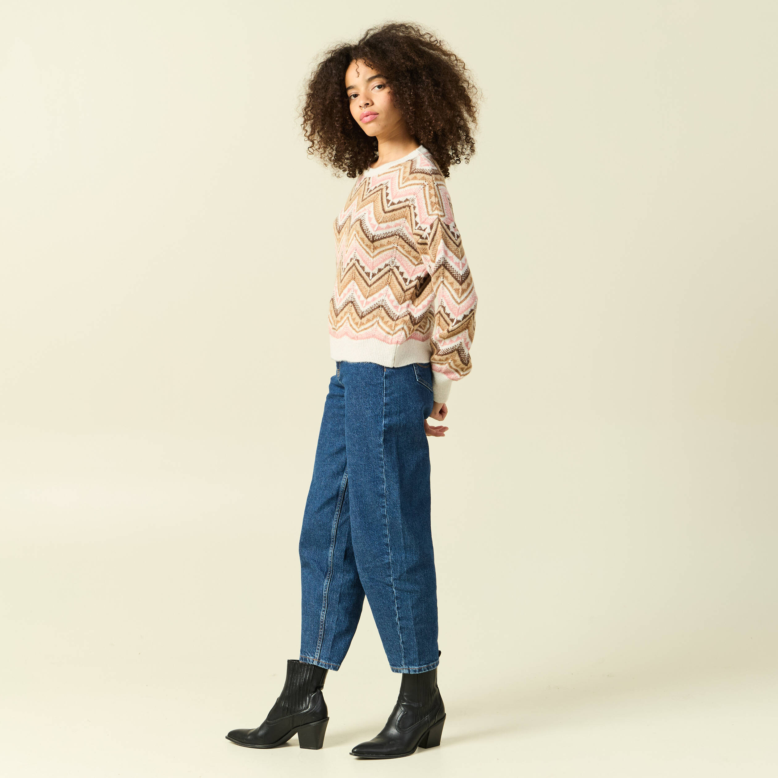 Pull col rond manches longues rose femme