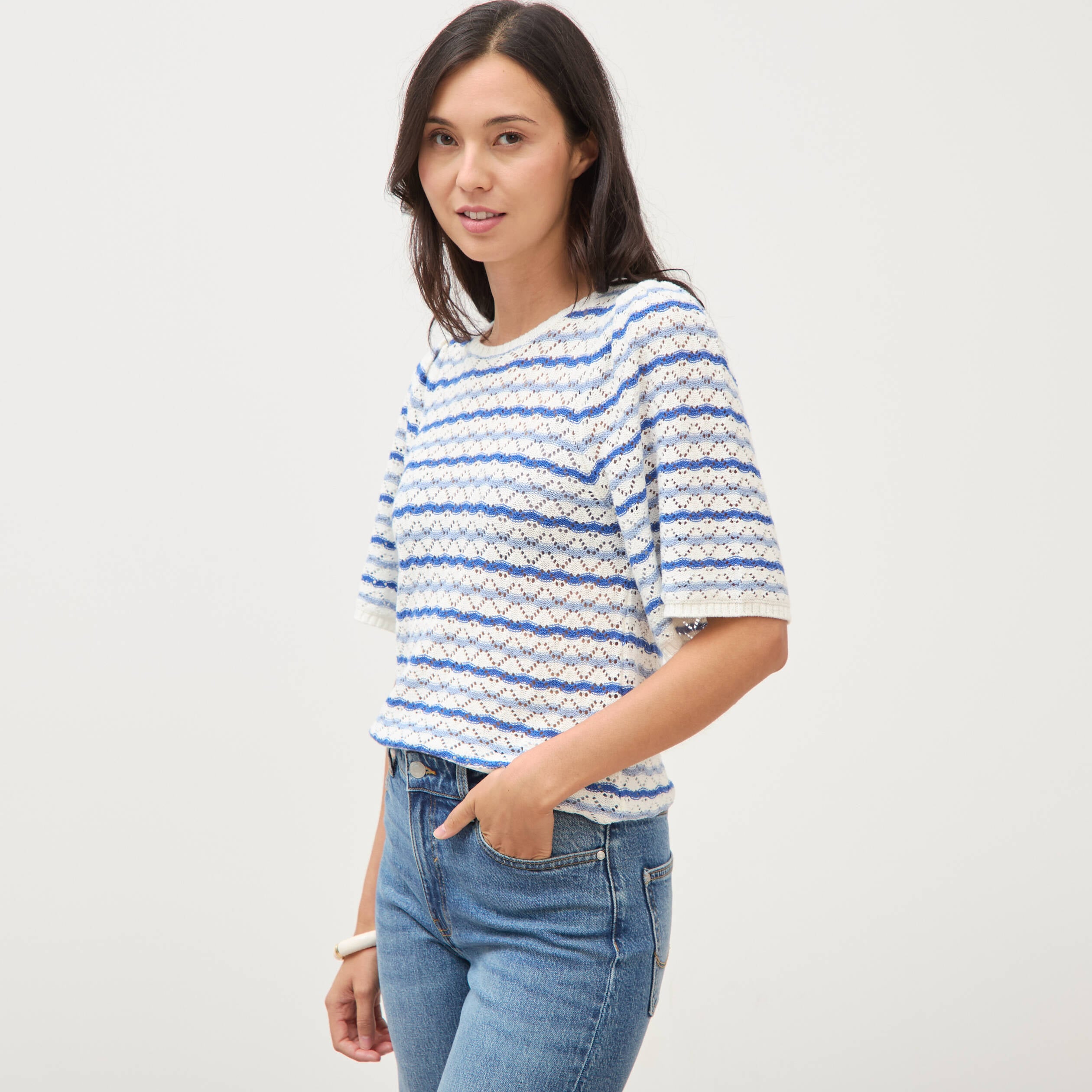 Pull col bateau manches courtes bleu femme