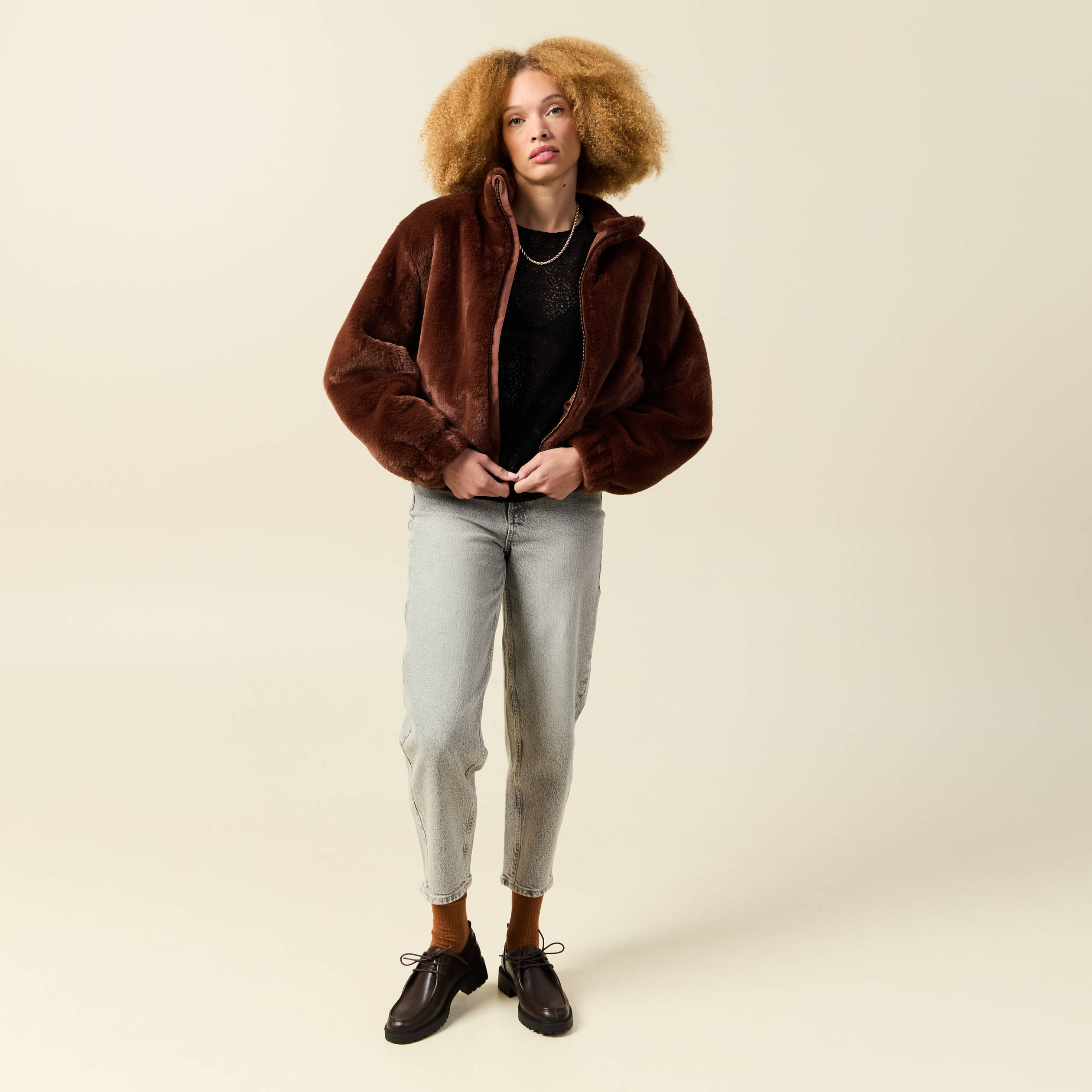 Veste droite courte col montant marron femme