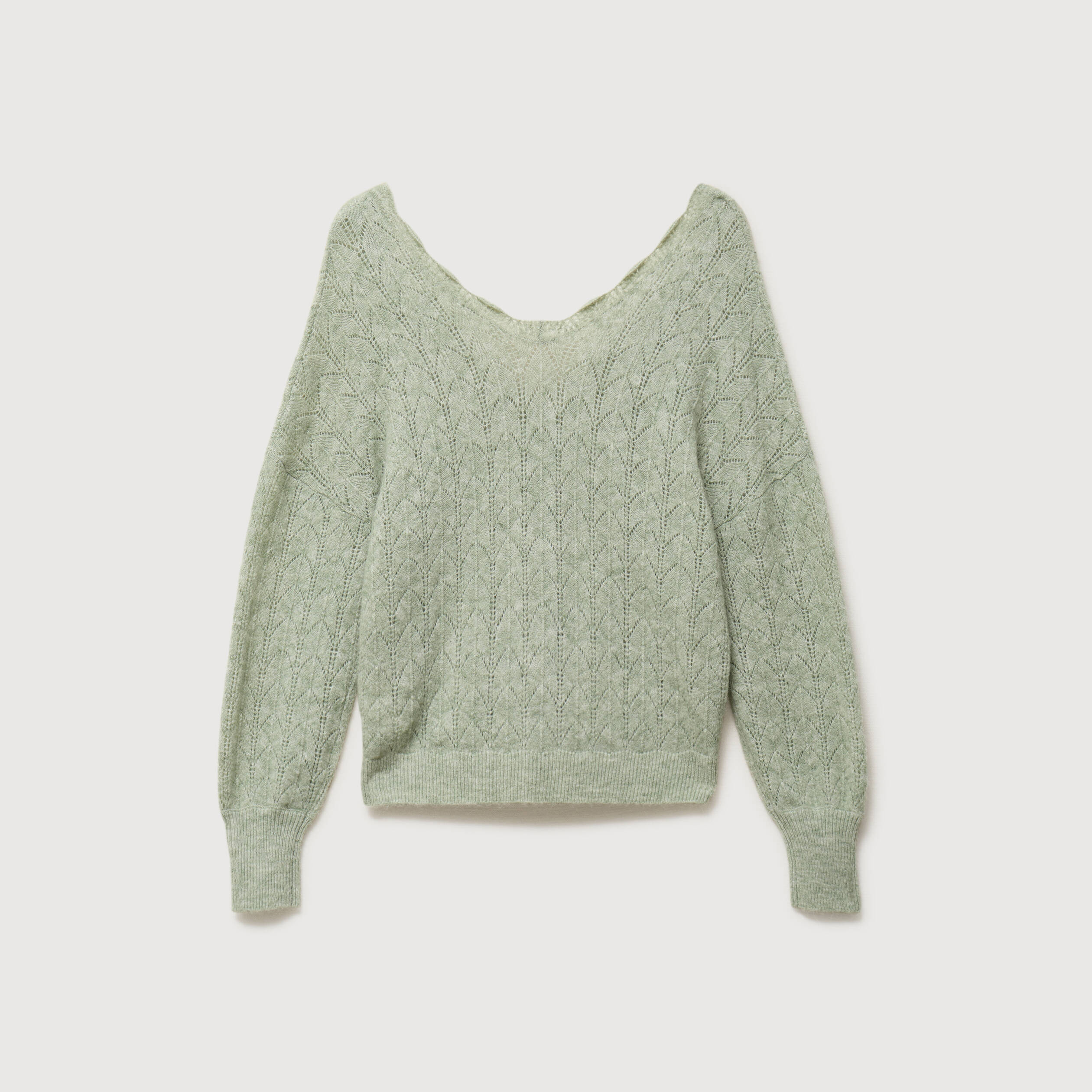 Gilet ajour&eacute; col V manches longues vert pastel femme