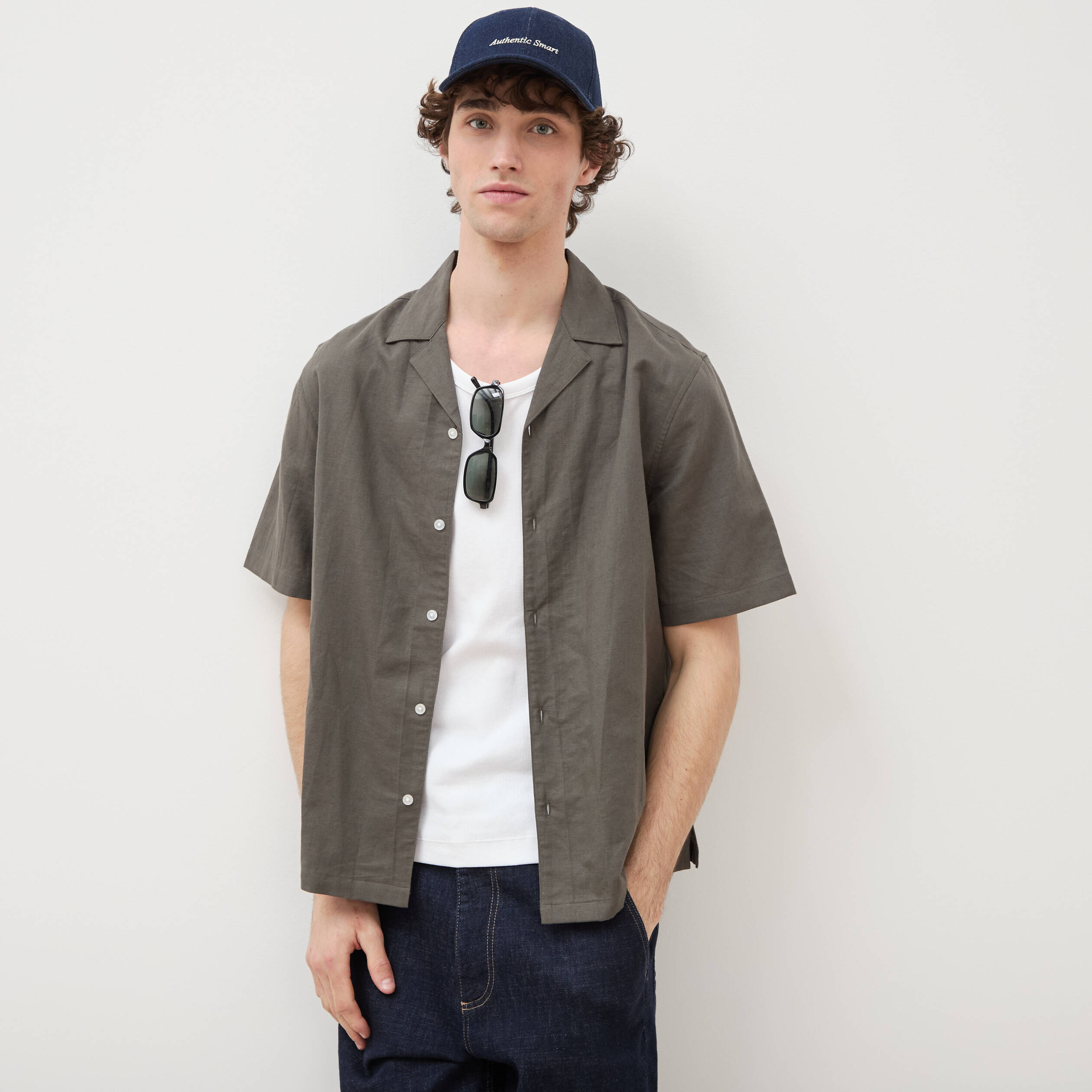 Chemise boyfriend manches courtes vert fonc&eacute; homme