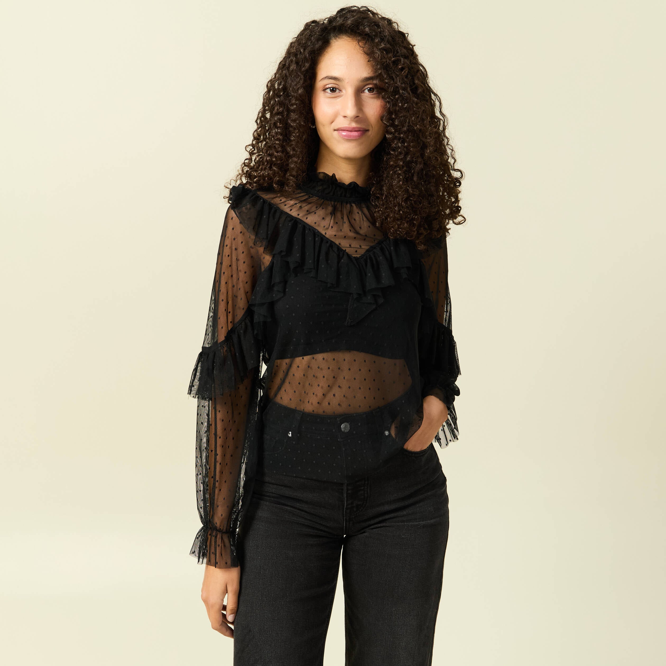 Blouse transparente manches longues noir femme