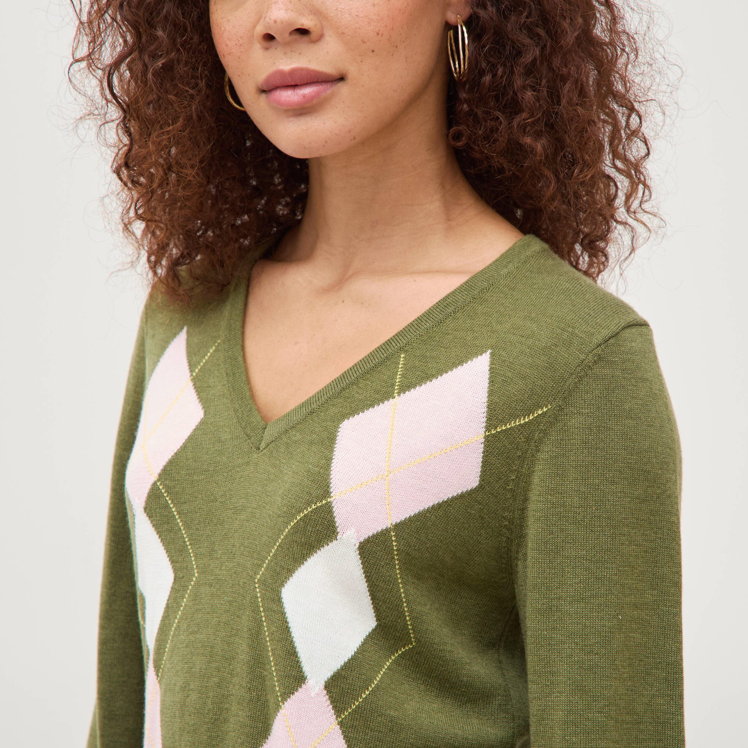 Pull col v manches longues vert femme