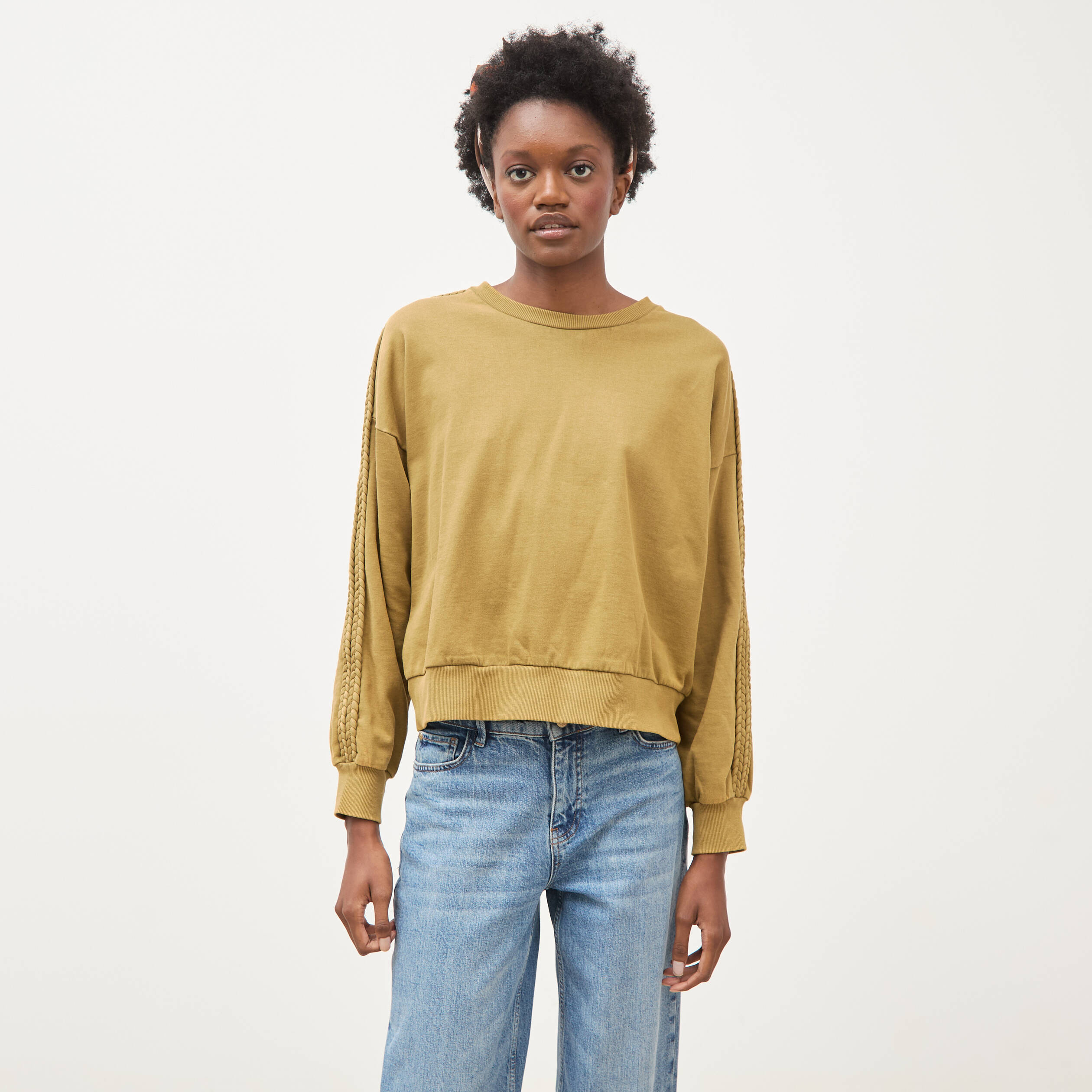 Sweat droit en coton manches longues camel femme