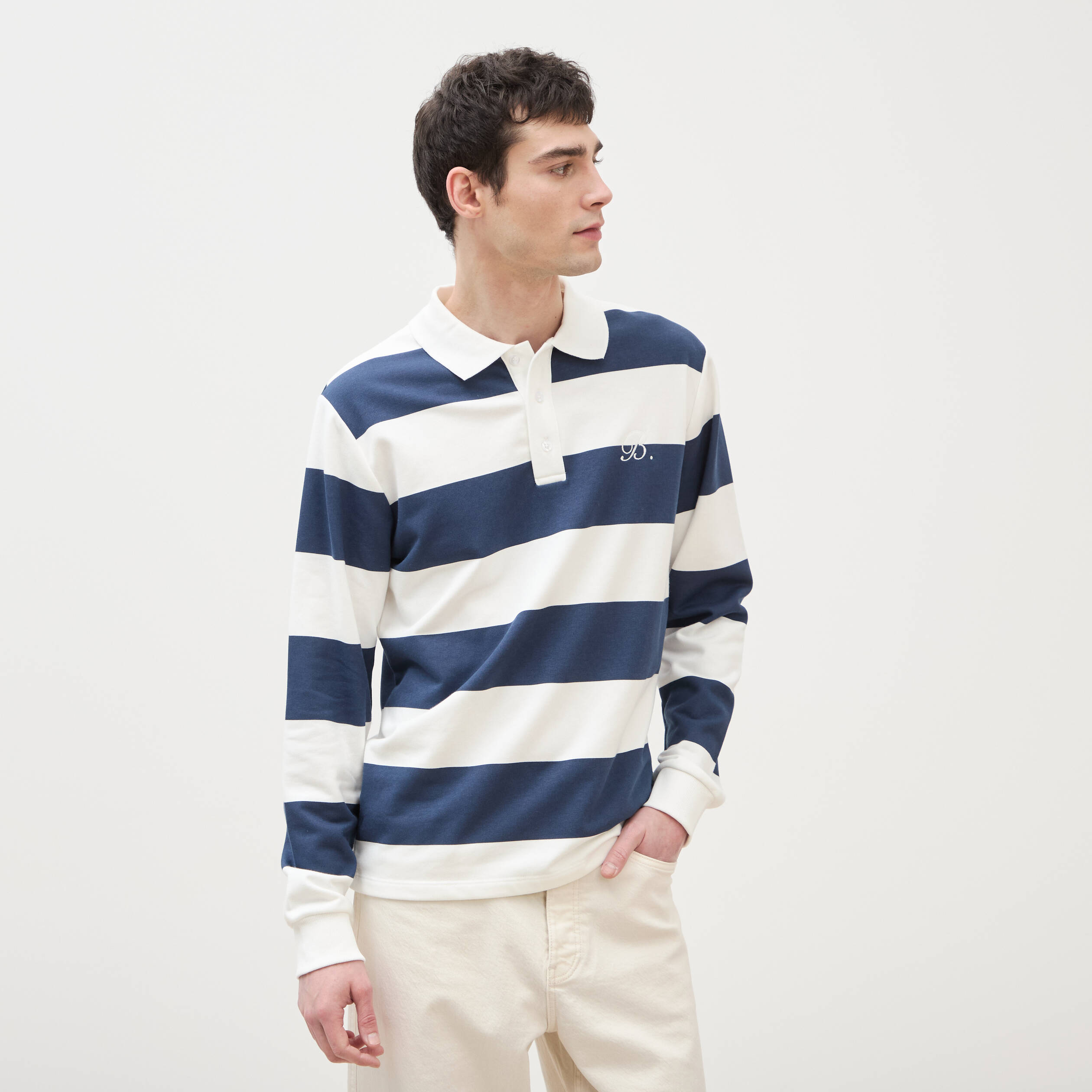 Sweat col polo manches longues bleu marine homme