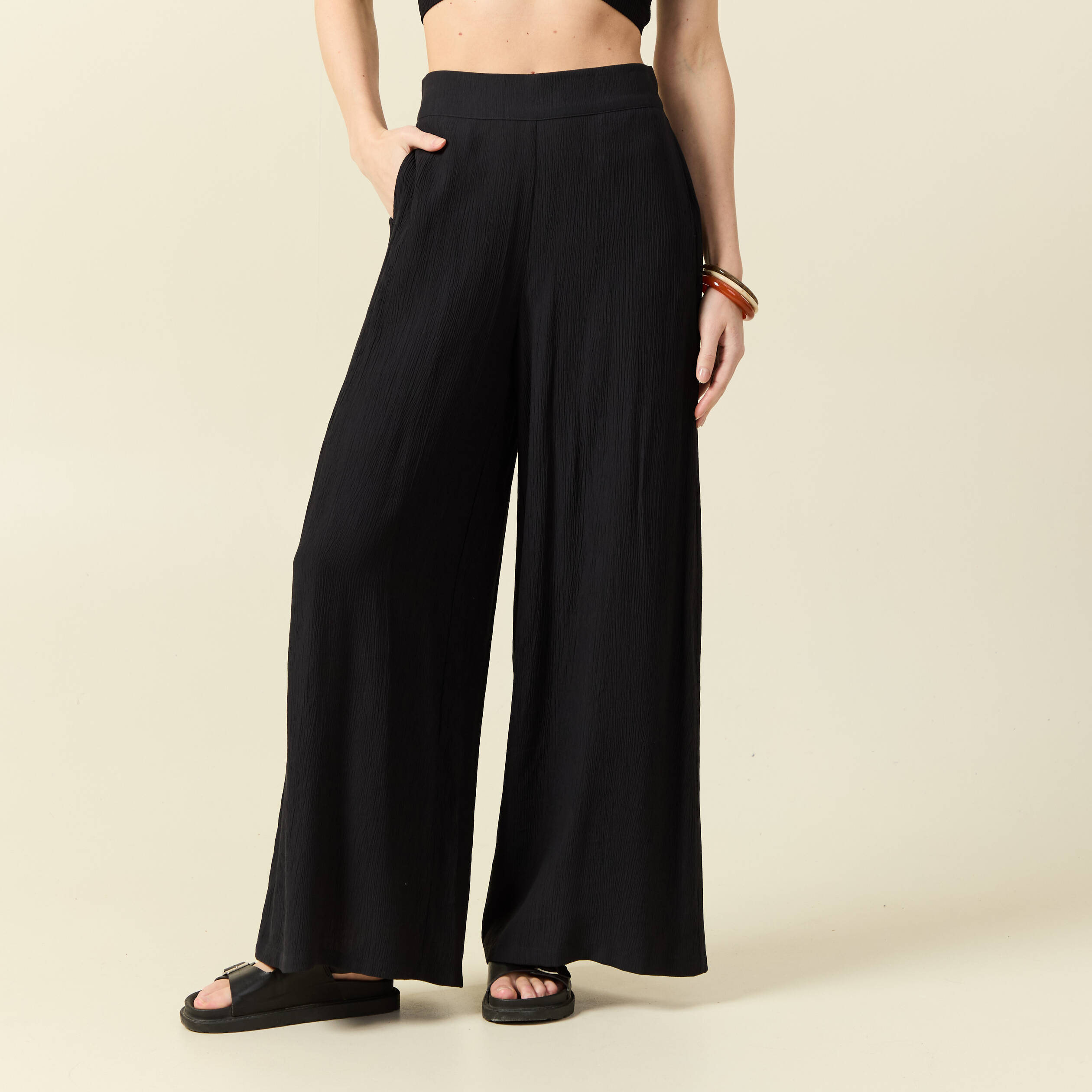 Pantalon large taille haute fluide noir femme